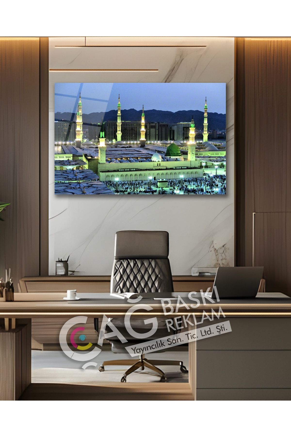 Çağ Baskı Medine Mescid-i Nebevi İslam Dini Cam Tablo Modern Ev Ofis Salon Oda Duvar Dekoru Hediyelik