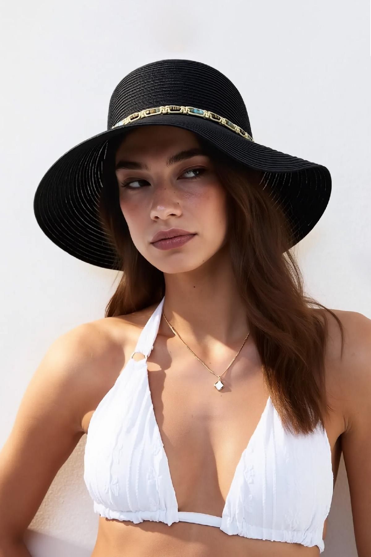 Külah Kadın Boho İşlemeli Hasır Şapka - Siyah