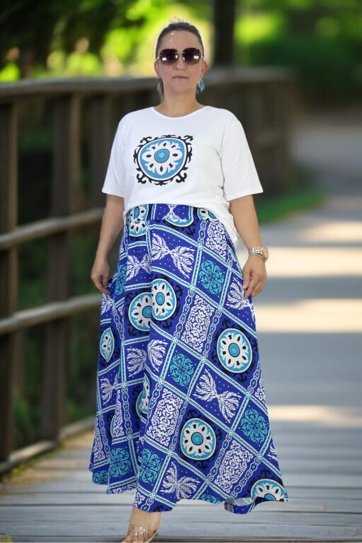 ELASTIC WAIST WIDE CUT COTTON VISCOSE PANTS SKIRT COMBED COTTON BLOUSE 2 PIECE SET