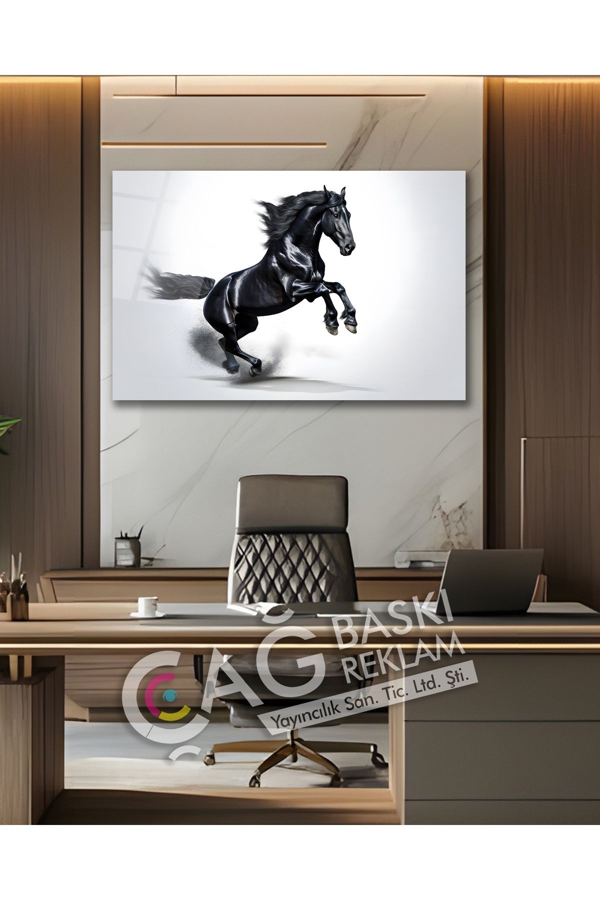 Çağ Baskı At Siyah Göz Alıcı Estetik Şık Cam Tablo Modern Ev Ofis Salon Duvar Oda Dekoru Hediyelik
