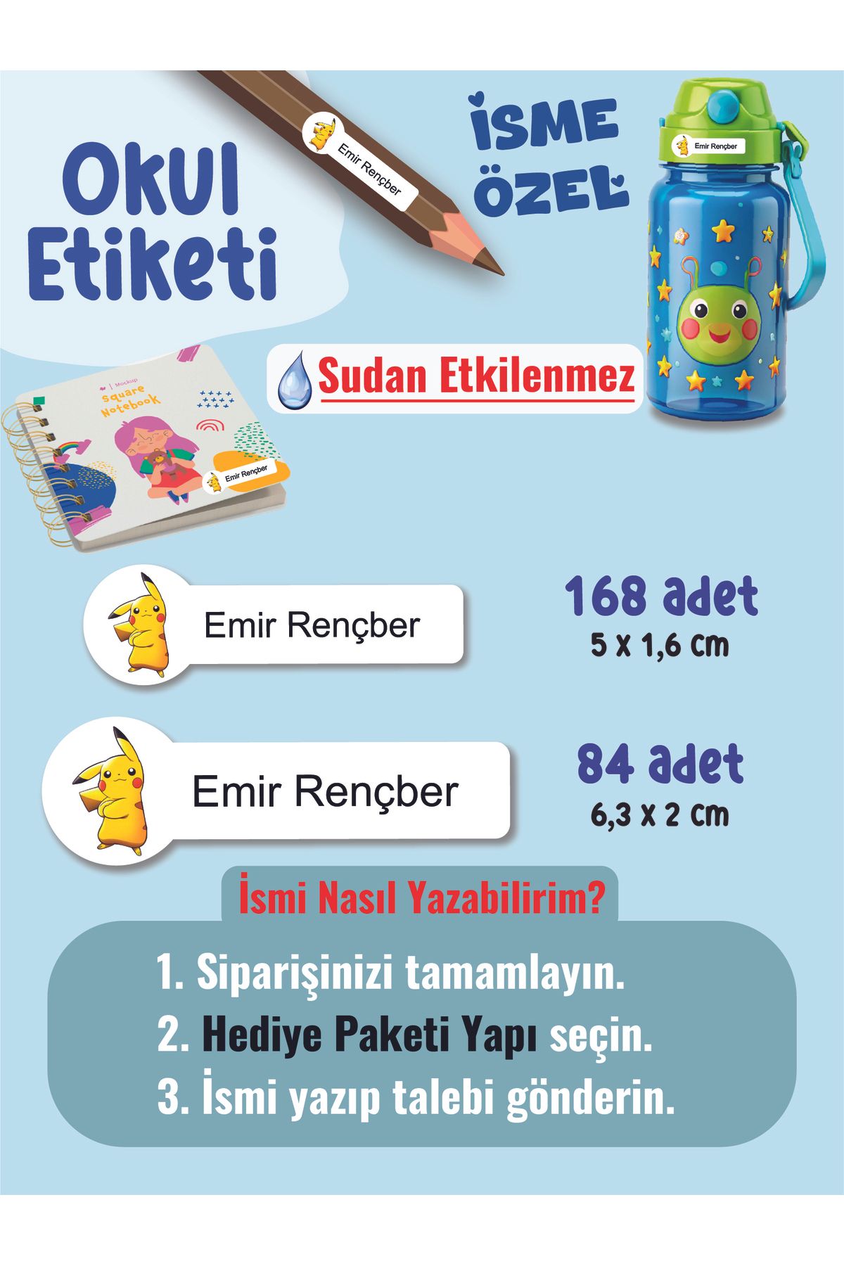 YUNUS COPY Okul Etiketi Kalem Defter Etiketi Pikach Temalı Özel İsim Yazılabilen Etiket - 252Adet