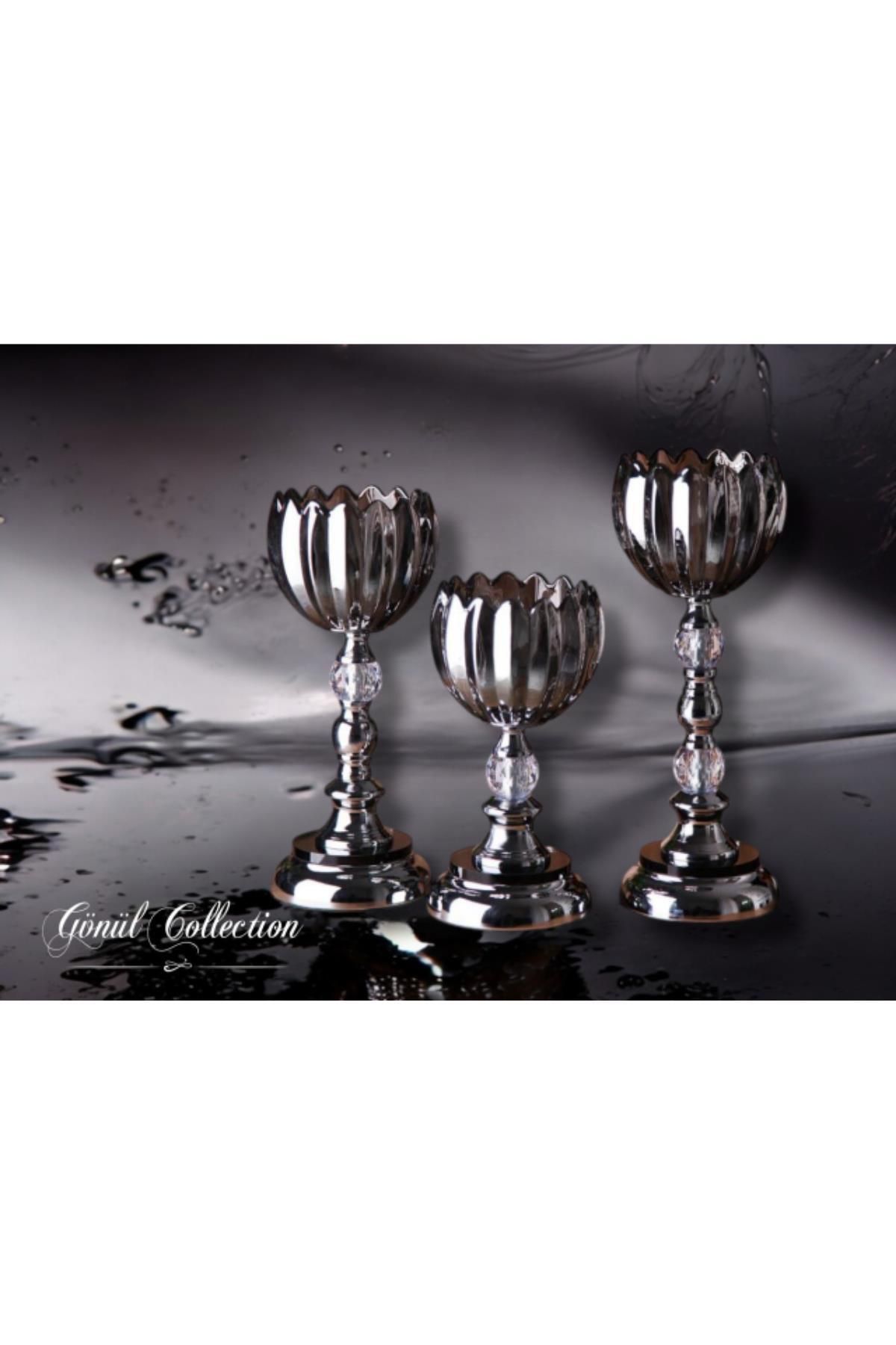 GÖNÜL COLLECTION GÖNÜL DEKORATİF 3LÜ KRİSTAL CAM ŞAMDAN FÜME