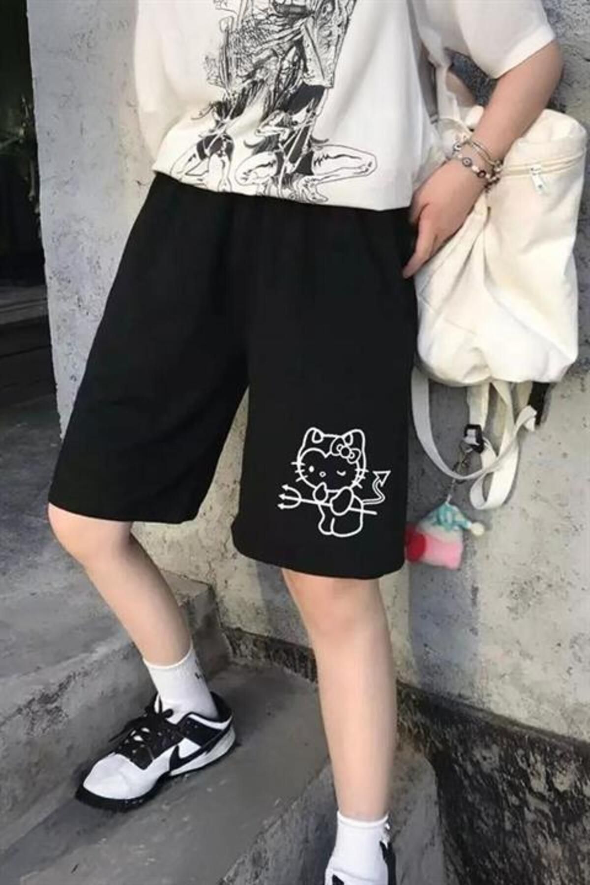 Karakedi Siyah Hello Kitty Demon Penye Y2K Unisex Şort