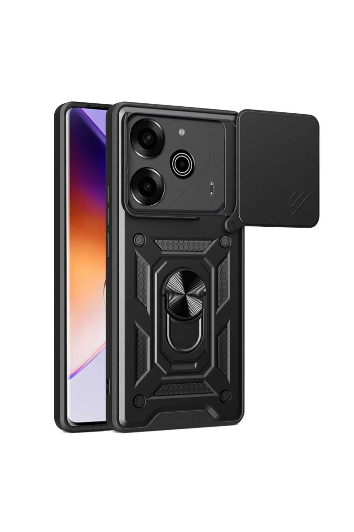 KılıfShop Tecno Pova 6 Pro Kılıf Pars Yüzüklü Standlı Darbe Korumalı Siyah