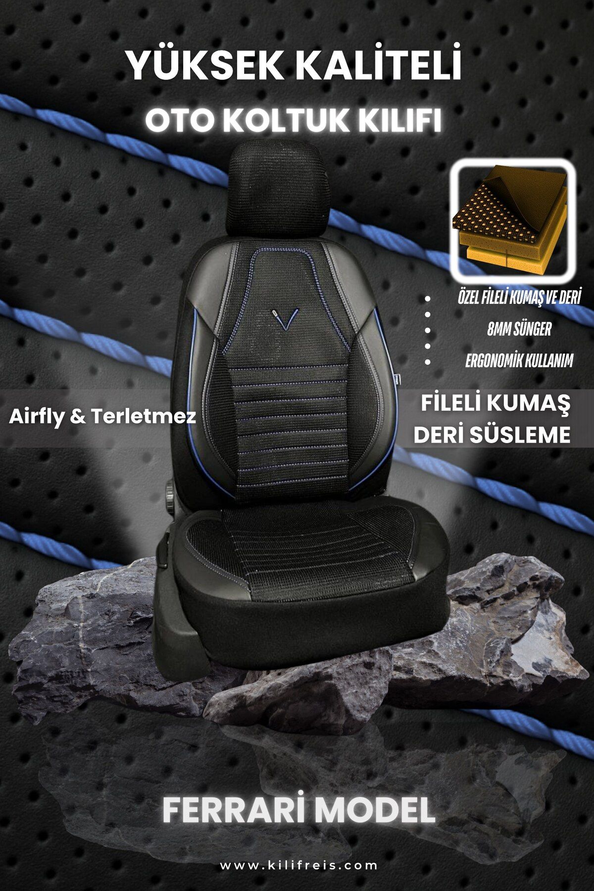 KILIFREİS FERRARI MODEL TERLETMEZ MAVİ RENK KOLTUK KILIFI & Ön Arka 5 Koltuk Tam Set