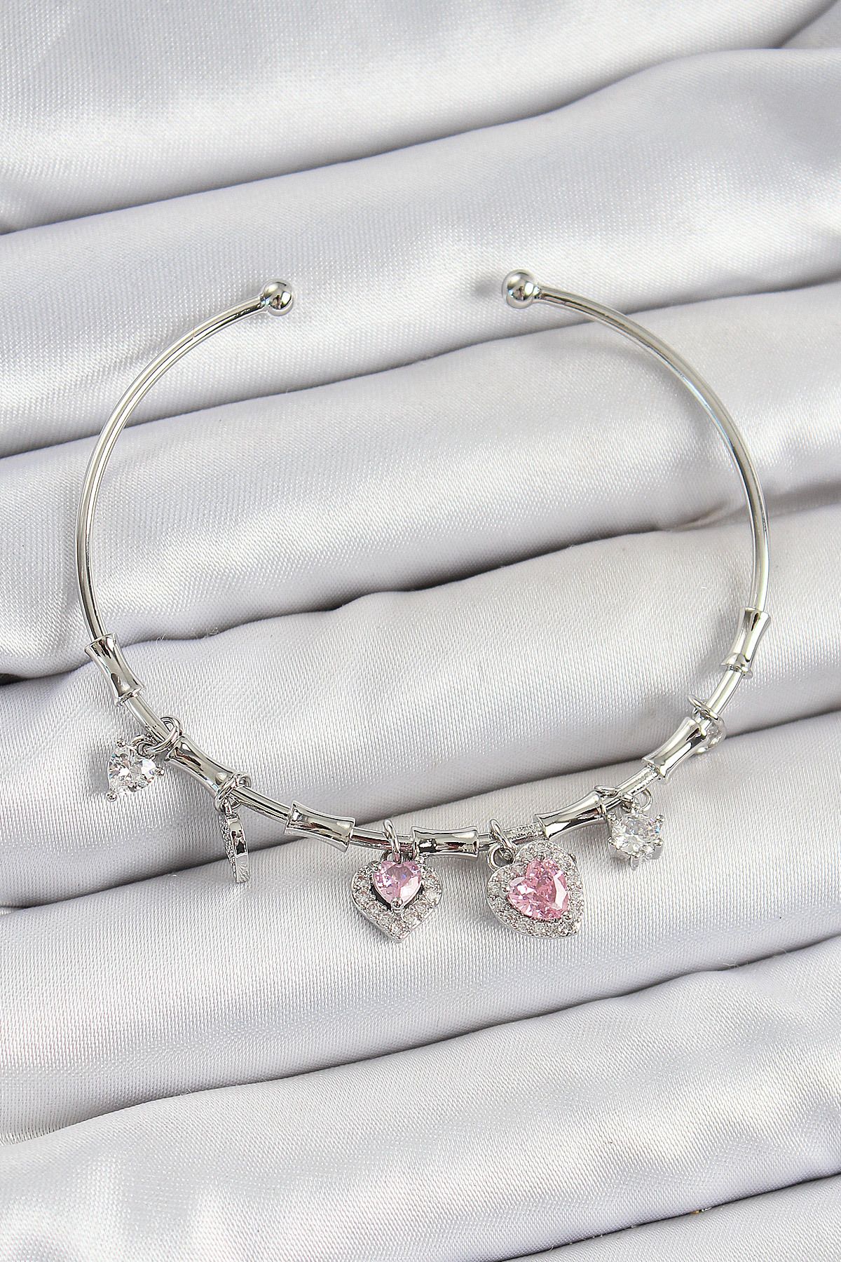 BESKAR Pirinç Zirkon Taşlı Pembe Kalp Model Gümüş Renk Charm Bileklik