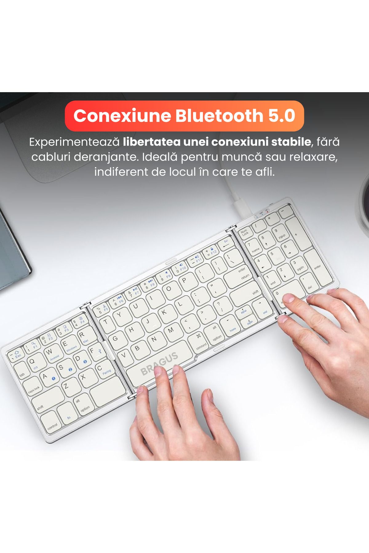 BRAGUS-Ultra-thin foldable keyboard, compatible with Android, iOS, Smart TV, numeric keypad, silver 3