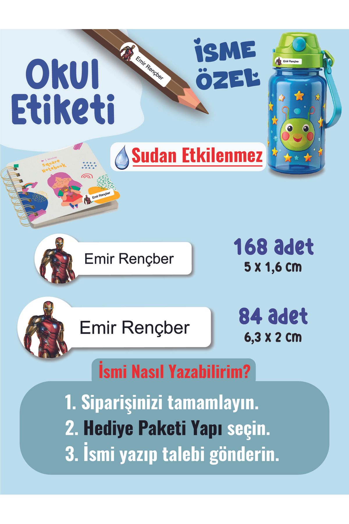 YUNUS COPY Okul Etiketi Kalem Defter Etiketi Demir Adam Temalı Özel İsim Yazılabilen Etiket - 252Adet