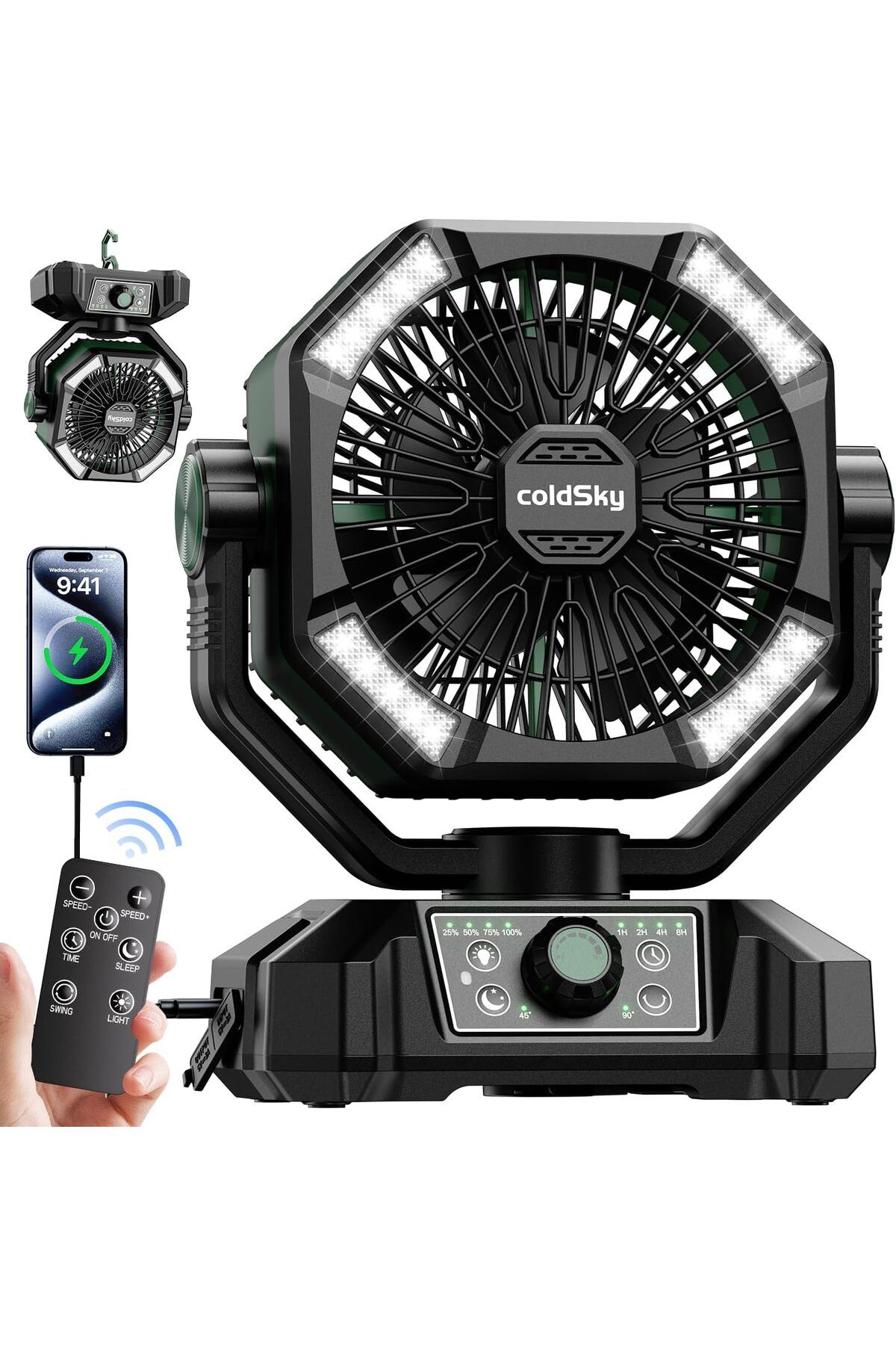 COLDSKY 20000mAh Kamp Fanı Çift Motorlu, 4 LED Fener, 8 Hız, Uzaktan Kumanda
