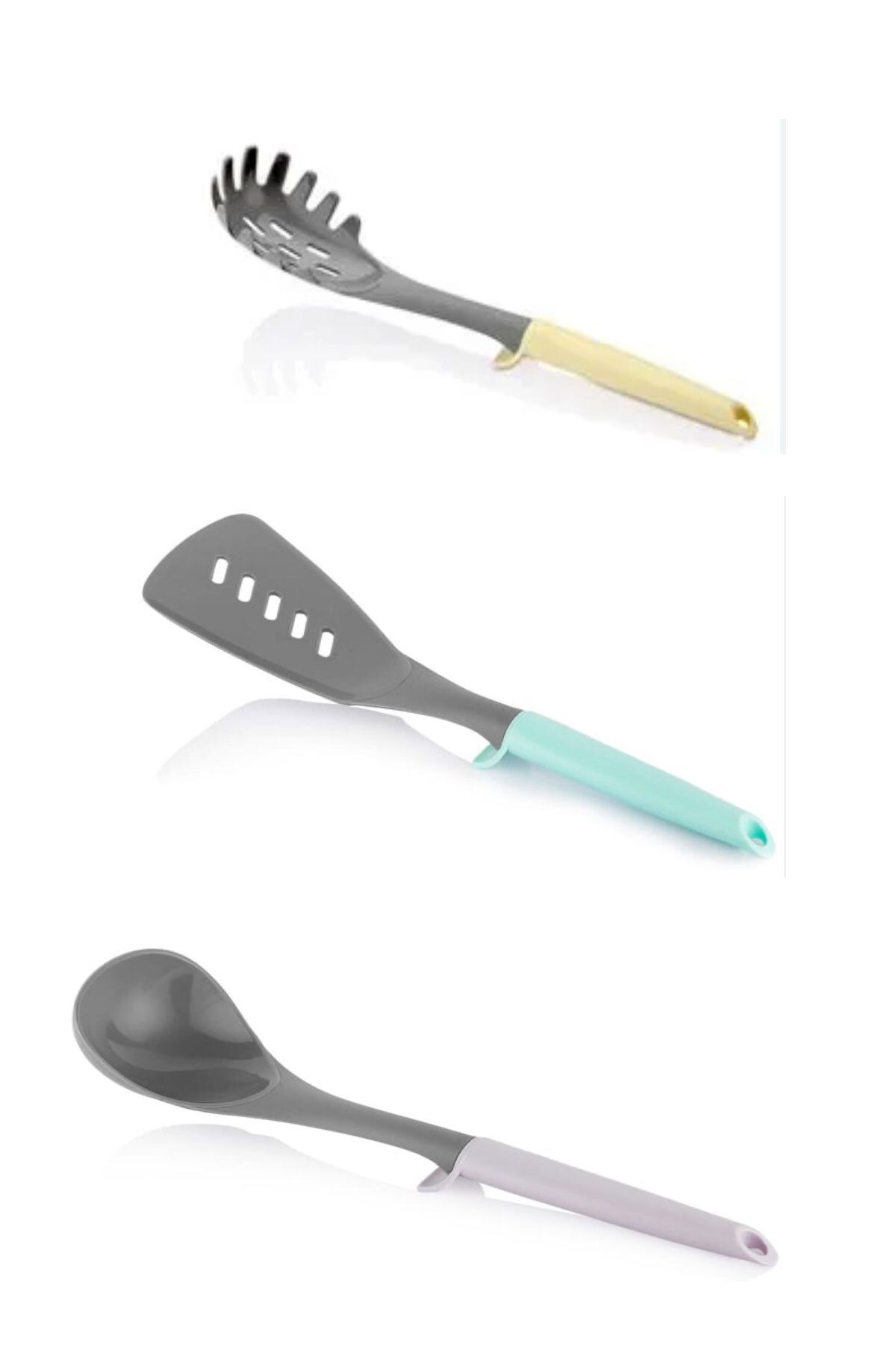 SİHİRLİ AYAKLAR 3'lü Sağlam Plastik Renkli Kepçe Spatula Spagetti Kaşığı Seti
