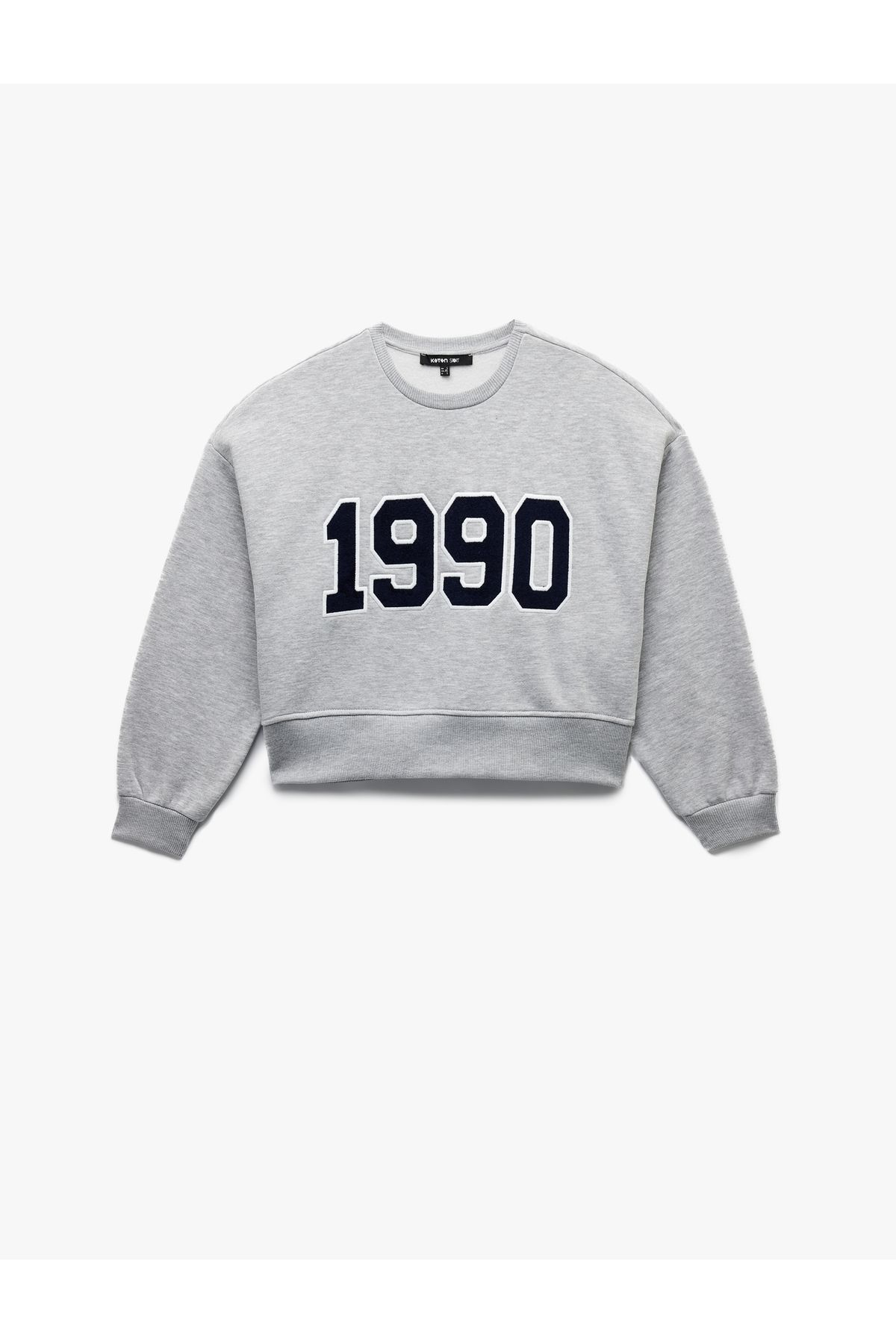 Koton Üç İplik Şardonlu Uzun Kollu Bisiklet Yaka Nakışlı Crop Sweatshirt