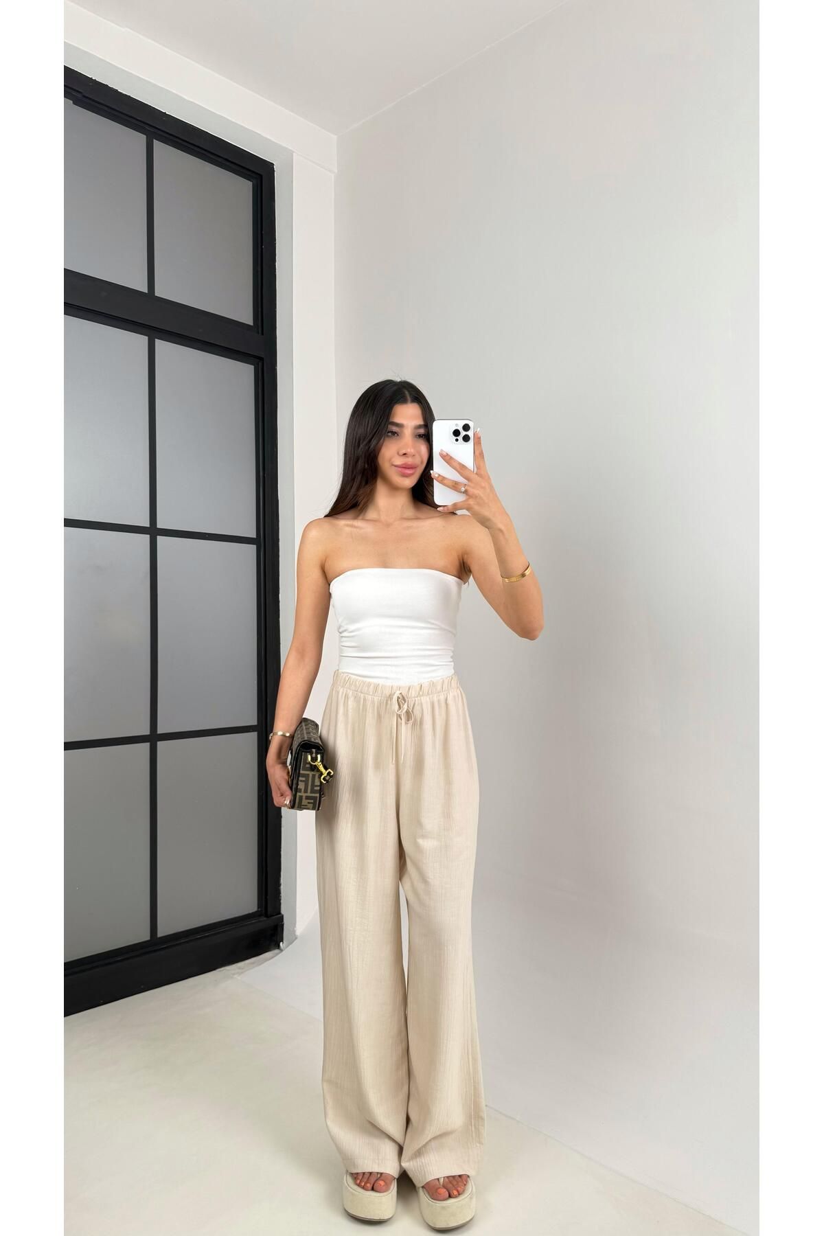 Gaus Taş Beli Lastikli Çilek Kumaş Pantolon Gaus00571