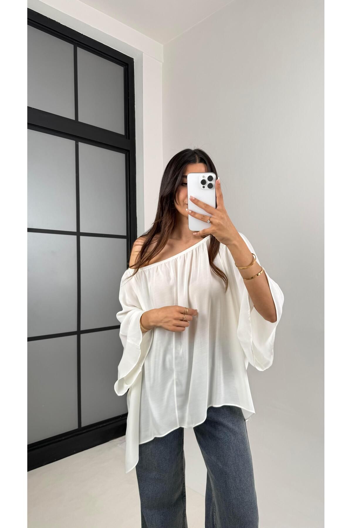 Gaus Beyaz Yarasa Kol Şifon Bluz Gaus00574