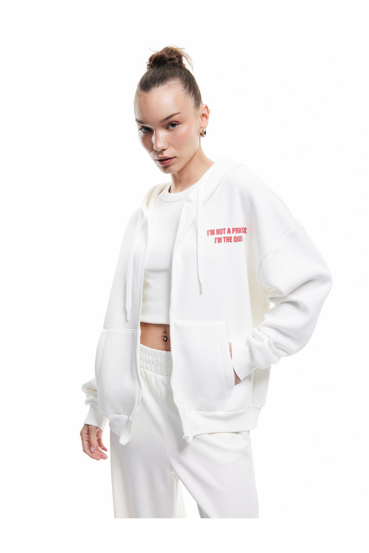 Koton Şardonlu Fermuarlı Kapüşonlu Cep Detaylı Arkası Baskılı Oversize Sweatshirt