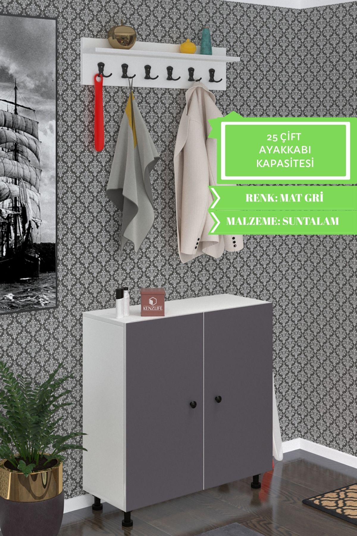 Kenzlife portmanto ayakkabılık ve askılık tomak5 gribyz 83*100*32 yirmibeş çift ayakkabı kapasitesi