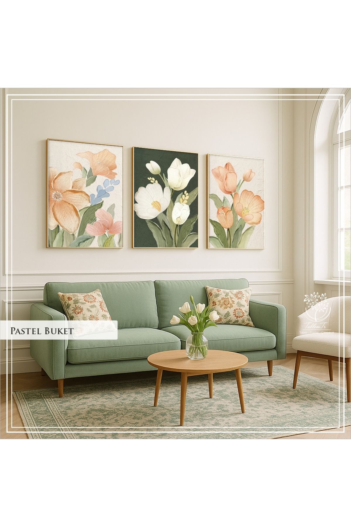 Tablomtr Dijital Baskılı Metal Çerçeveli Camlı 3'lü Dekoratif Tablo - Pastel Buket