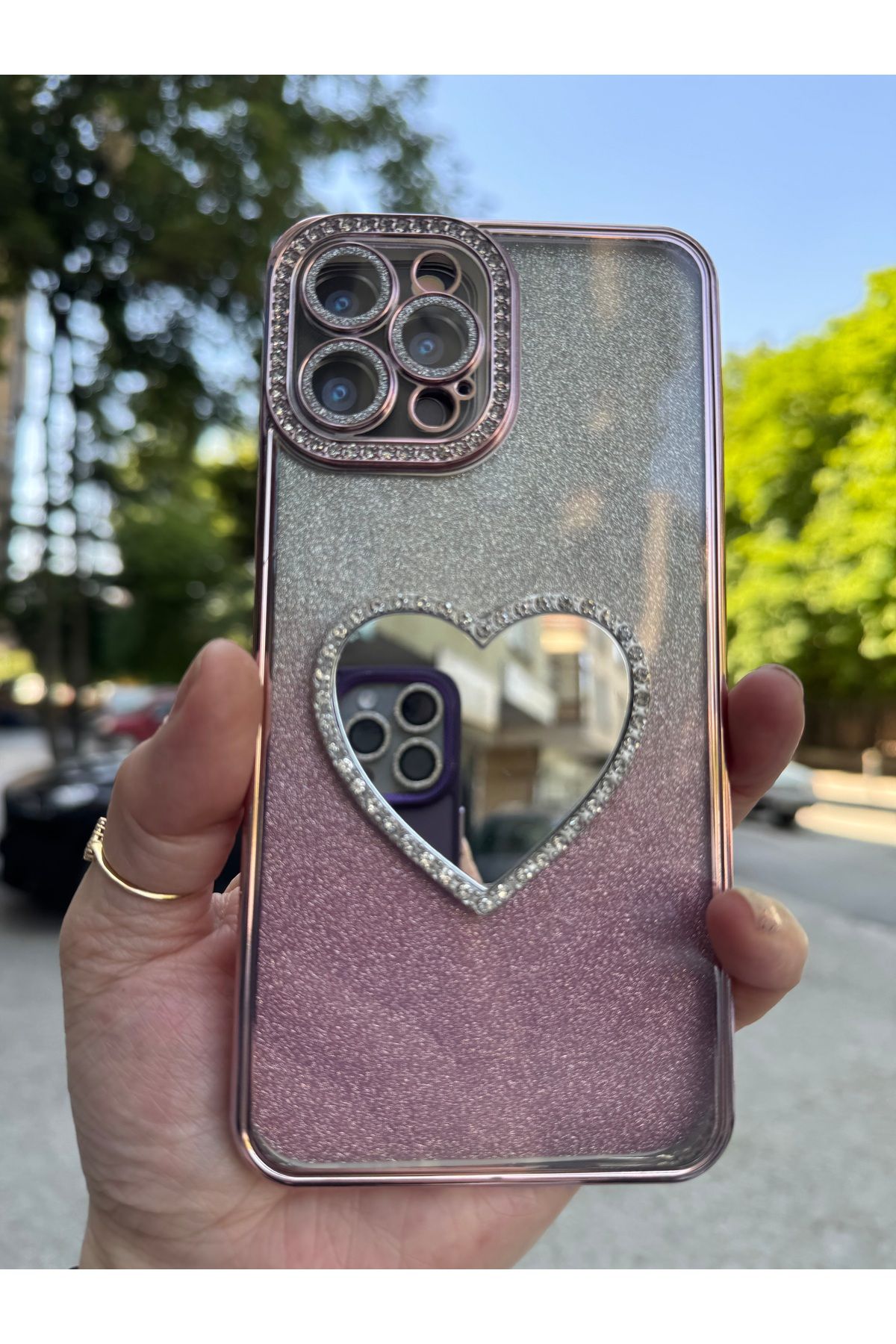 DÜNYA AKSESUAR iPhone 14 pro max tam koruma aynalı taşlı çıkabilir simli silikon silikon