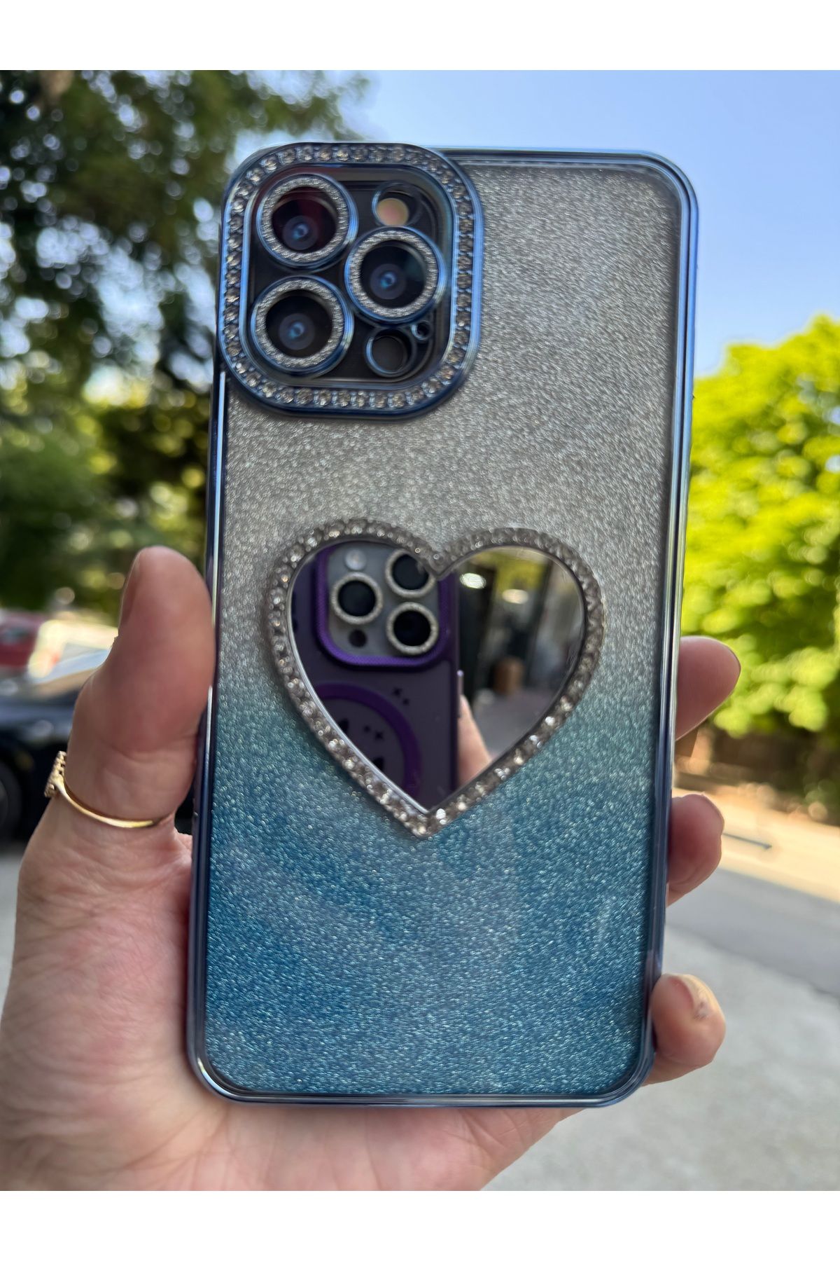 DÜNYA AKSESUAR iPhone 15 pro max tam koruma aynalı taşlı çıkabilir simli silikon silikon