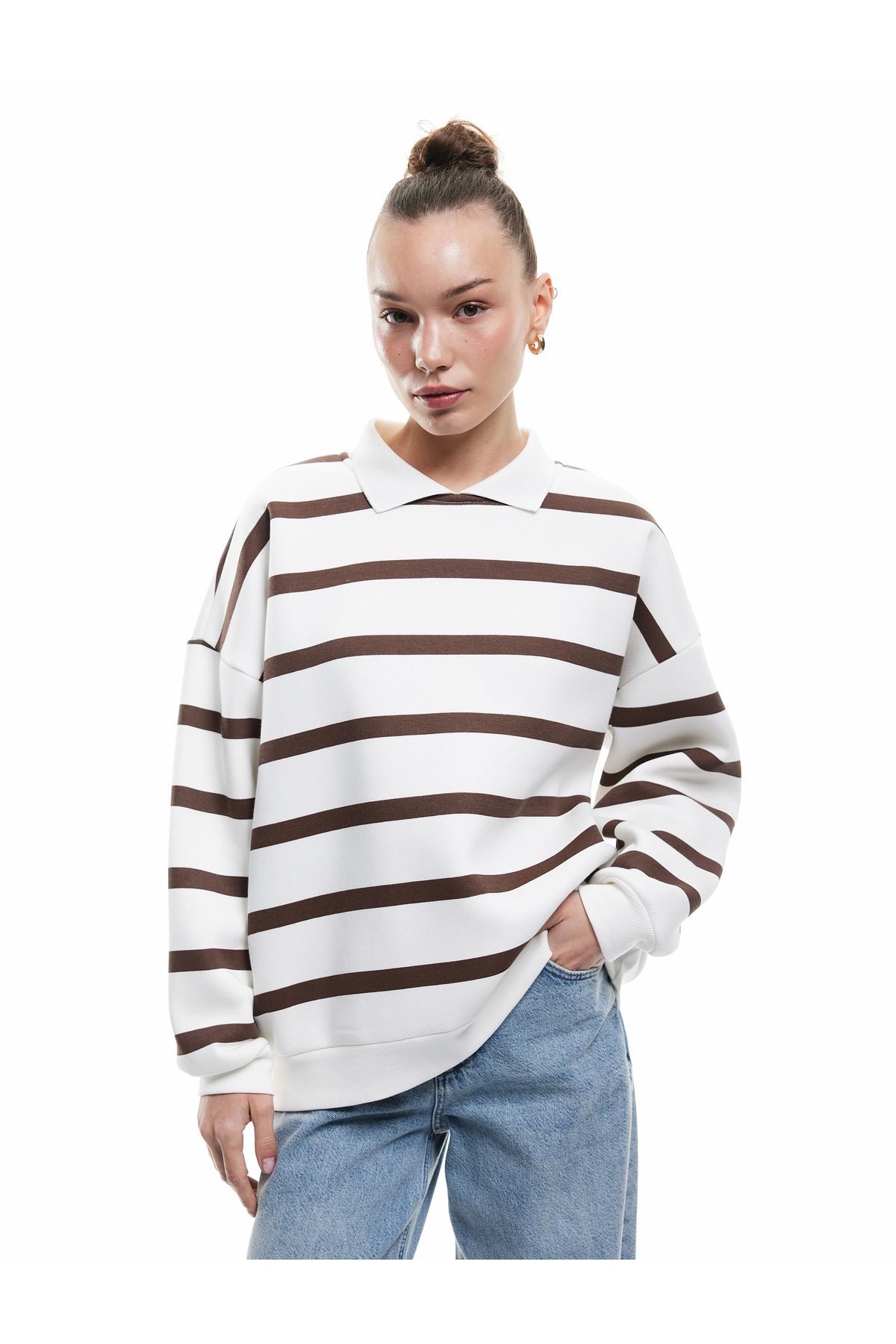 Koton Şardonlu Polo Yaka Çizgili Oversize Sweatshirt