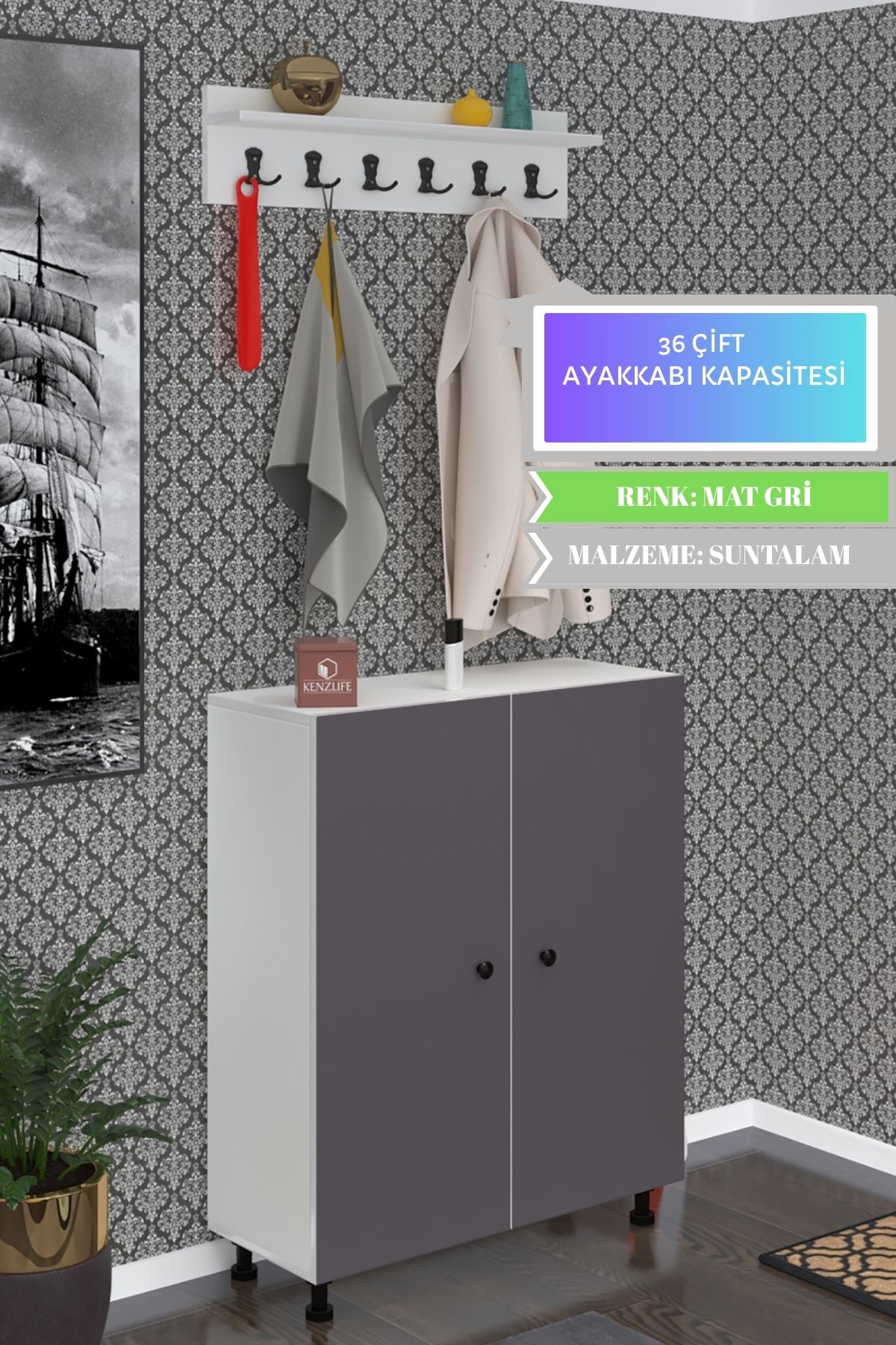 Kenzlife portmanto ayakkabılık ve askılık sandal6 gribyz 98*120*32 otuzaltı çift ayakkabı kapasitesi