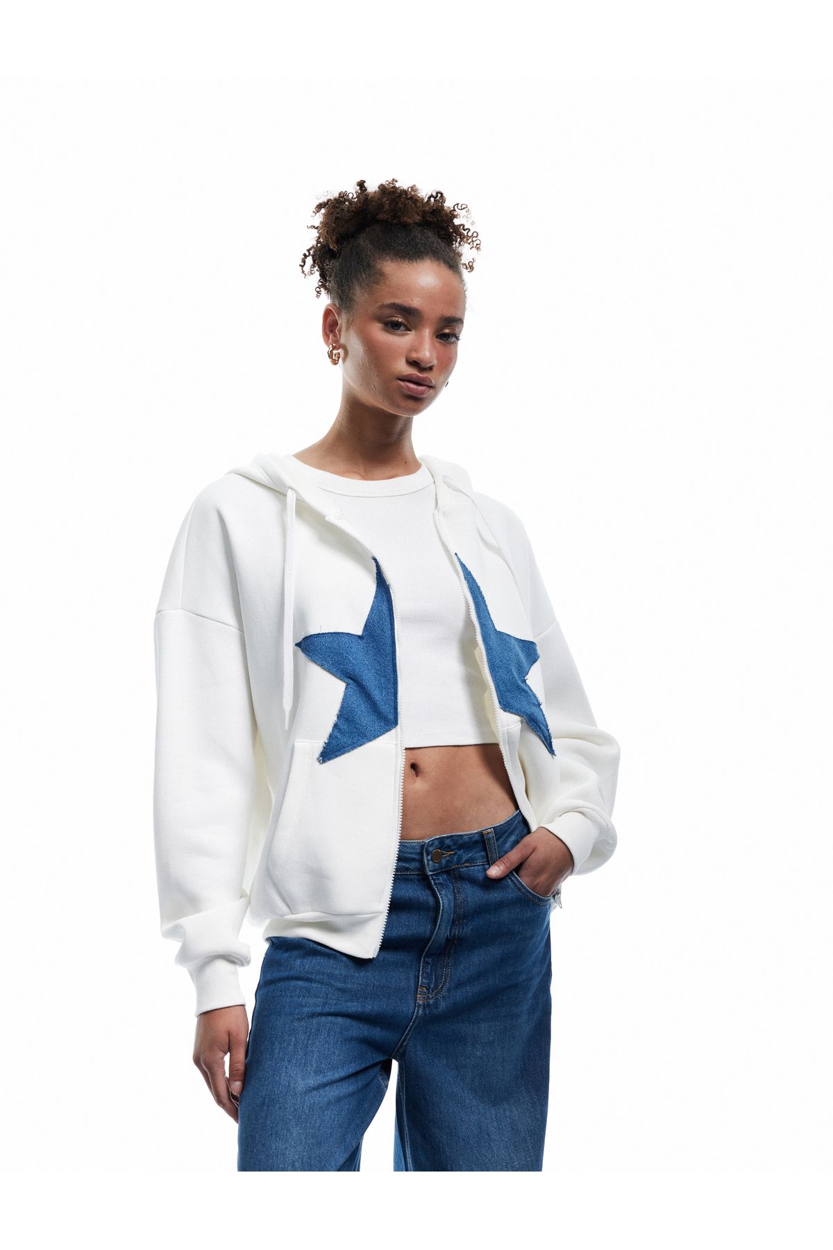 Koton Şardonlu Kapüşonlu Yıldız Aplikeli Fermuarlı Sweatshirt