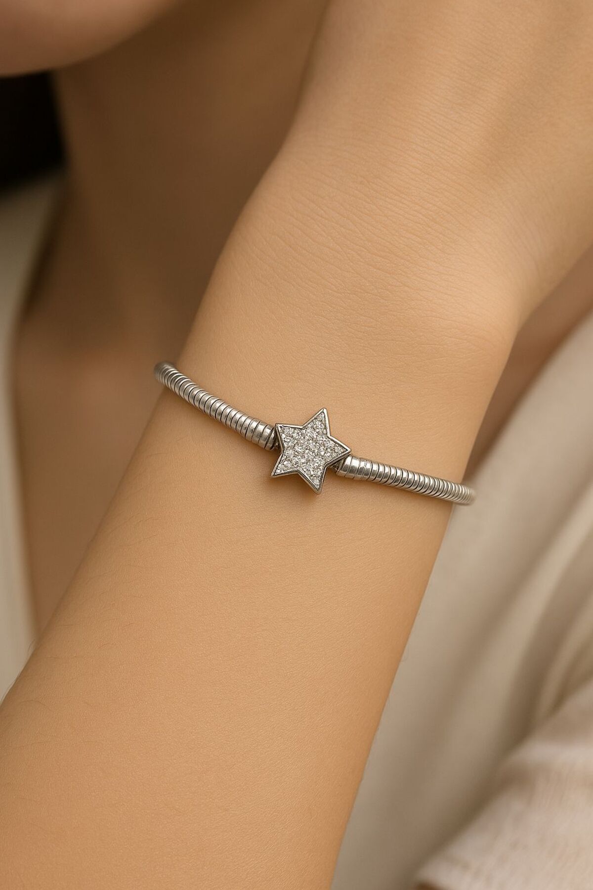 BY YASİN TOPÇU Pave Yıldız Yılan Zincir Bileklik (18cm)