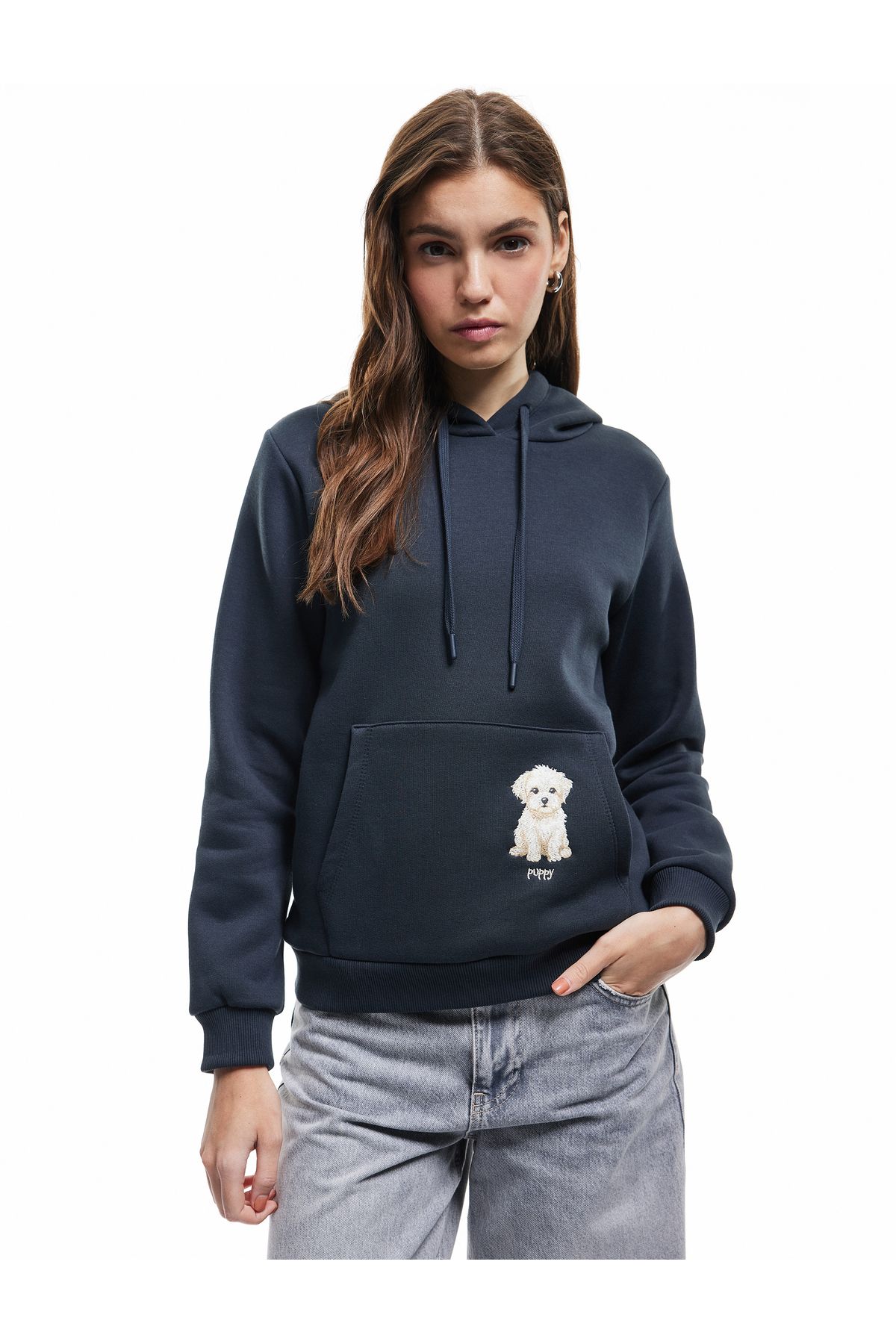 Koton Şardonlu Uzun Kollu Kapüşonlu Köpek Nakışlı Kanguru Cepli Sweatshirt