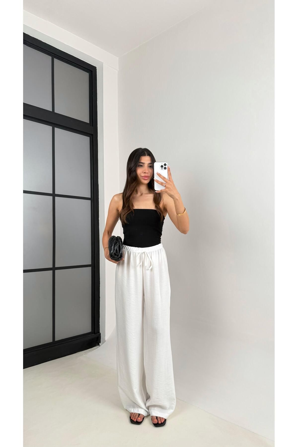 Gaus Beyaz Beli Lastikli Çilek Kumaş Pantolon Gaus00571