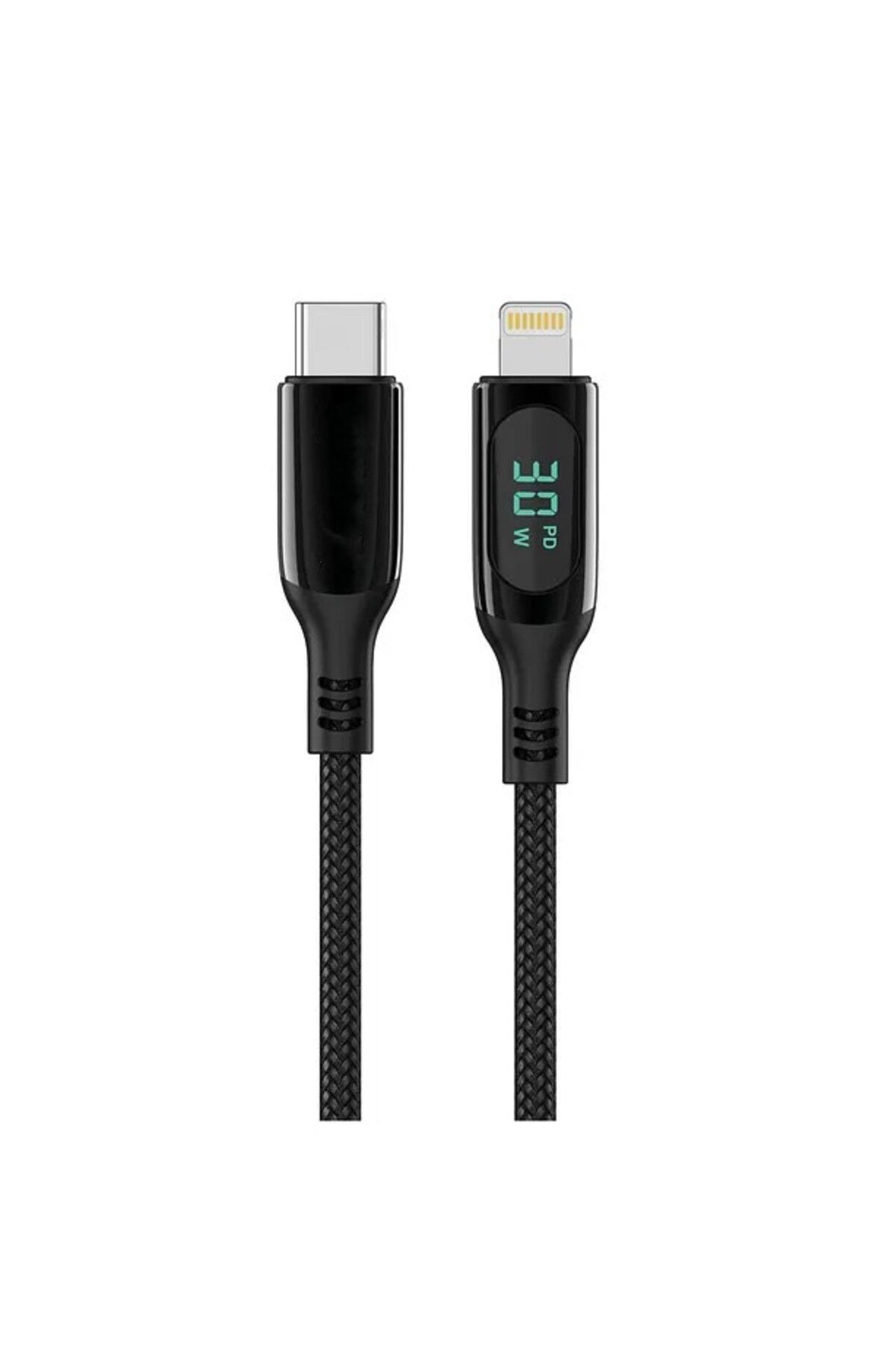 KAZEMTECH 30w Dijital Göstergeli Örgülü Type C To Lightning Süper Hızlı Şarj Kablosu Siyah 120 Cm