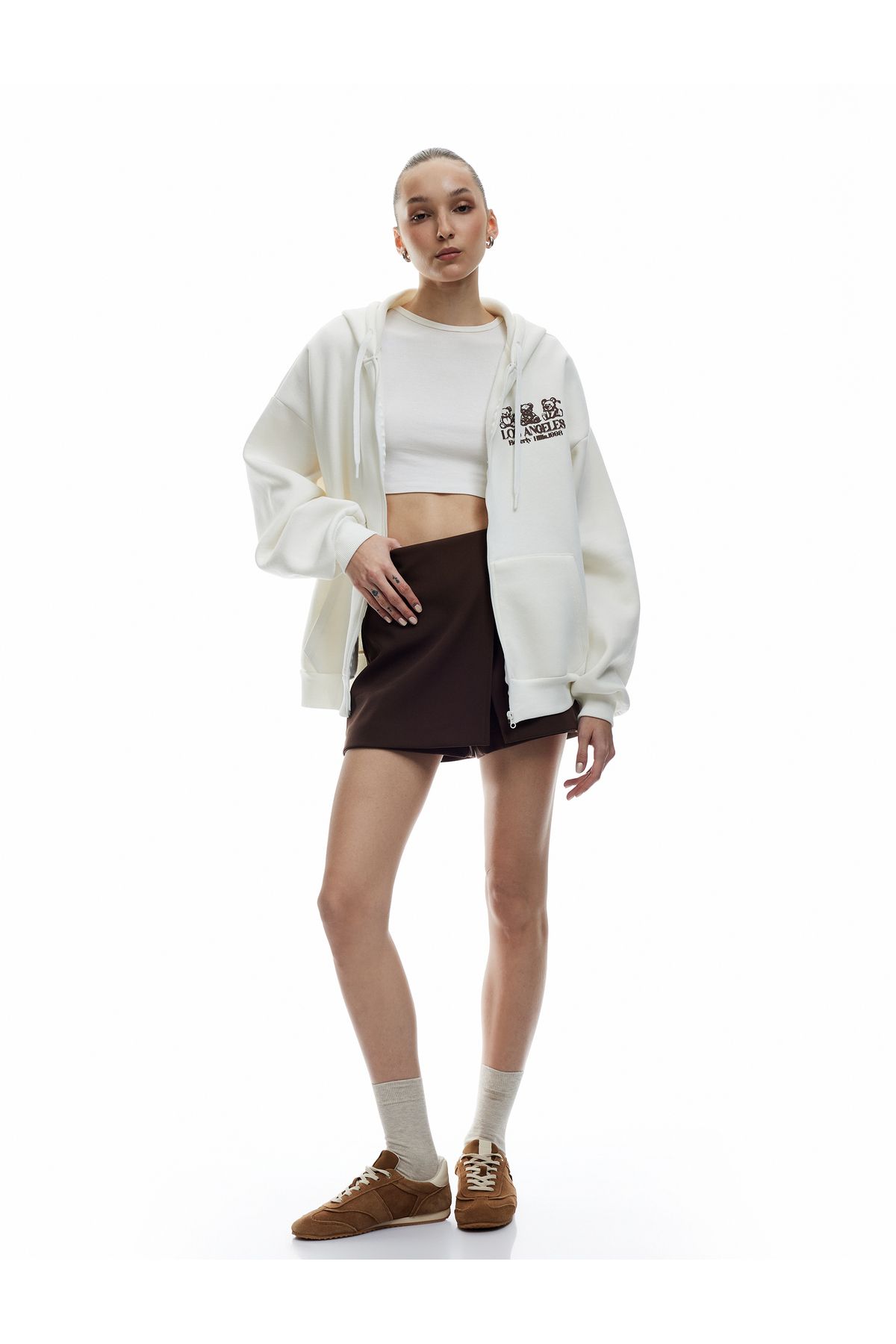 Koton Kapüşonlu Fermuarlı Arkası Baskılı Cepli Şardonlu Oversize Sweatshirt