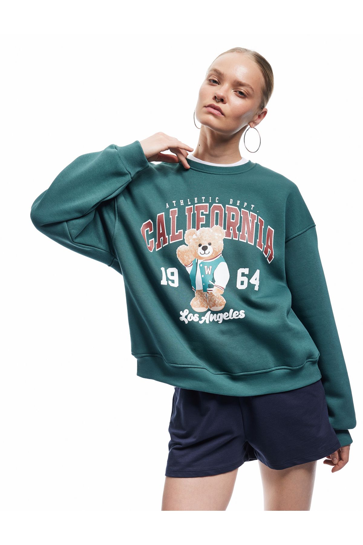 Koton Şardonlu Uzun Kollu Bisiklet Yaka Ayıcık Baskılı Oversize Sweatshirt