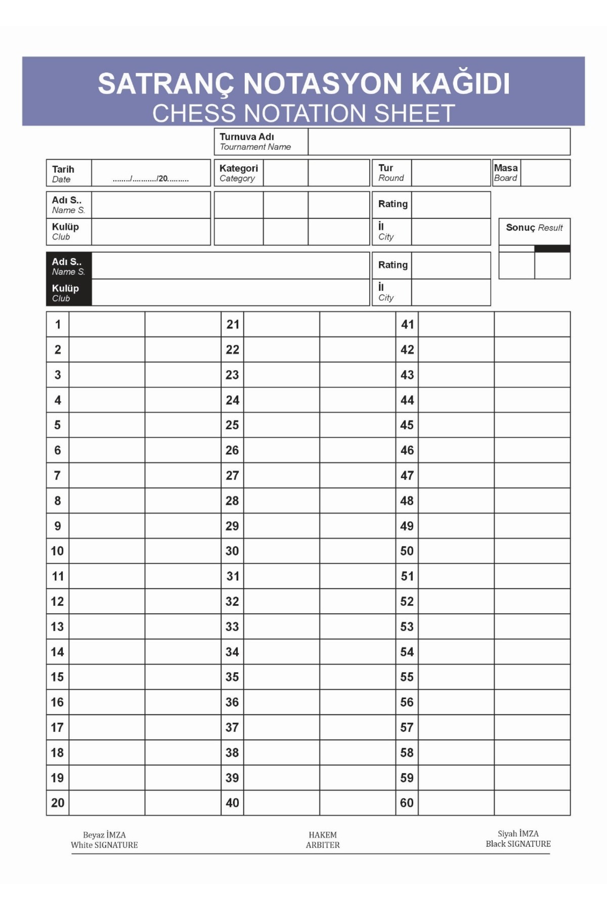 Genel Markalar Satranç Notasyon Koçanı ( 50 Sayfa Beyaz kağıt, 50 Sayfa sarı kağıt Otokopi Toplam 100 Sayfa)