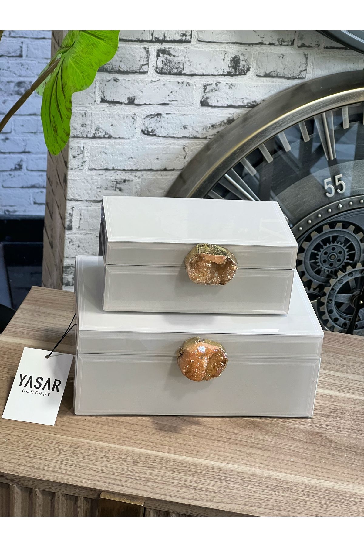 YASAR CONCEPT 2'Li Glisca Dekoratif Cam Kutu Doğal Taş Detaylı Kırık Beyaz