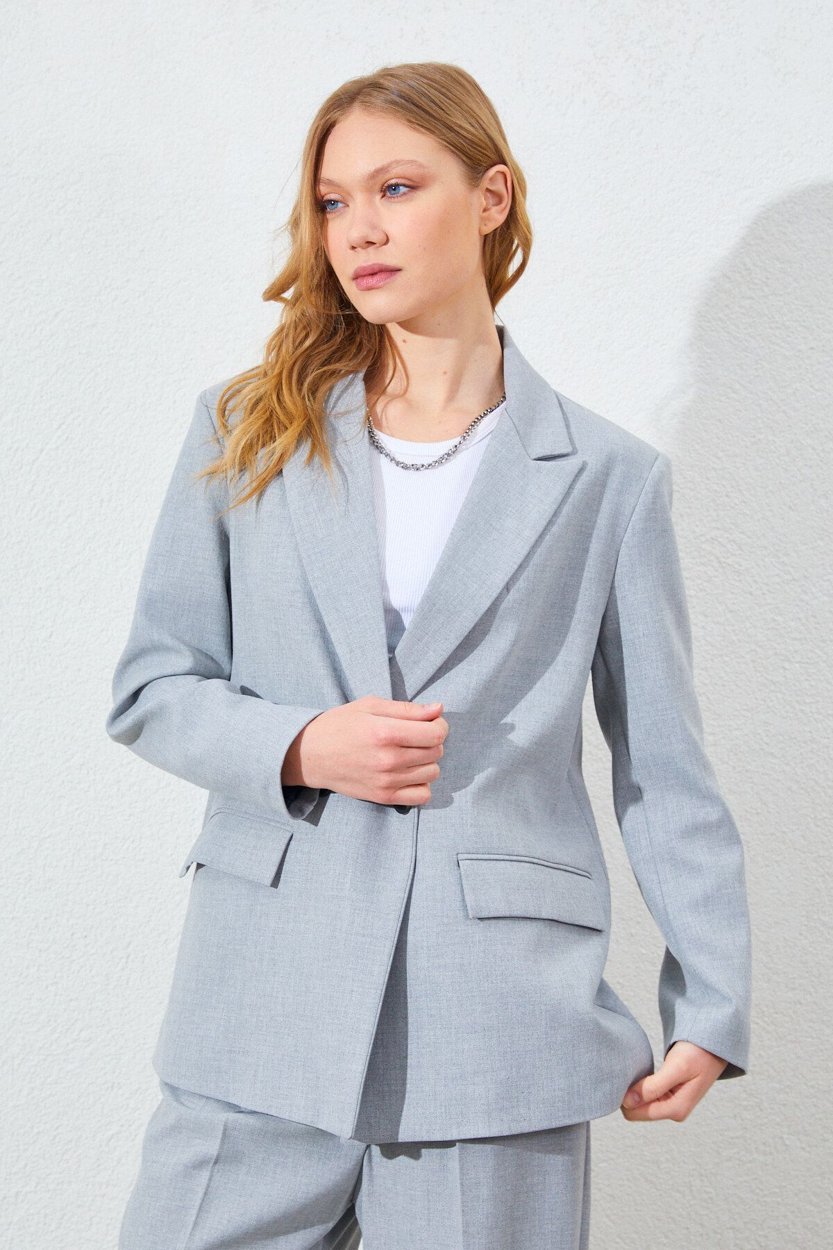 Manche İki Düğmeli Oversize Blazer Ceket - Gri | MKS351585-01