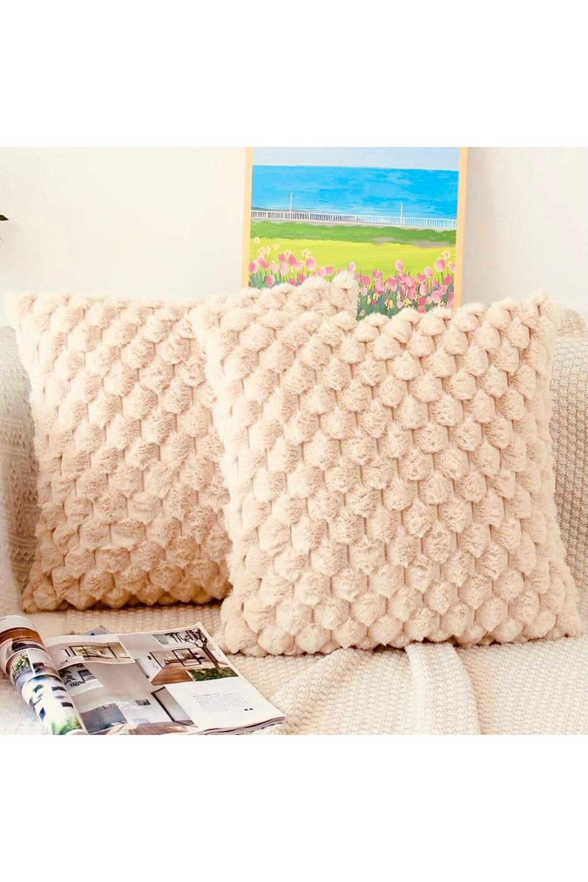 DECORA CASA HOME COLLECTİON 1 Adet Süper Yumuşak Dekoratif Kırlent Kılıfı Tavşan Tüyü Peluş Kare 45x45