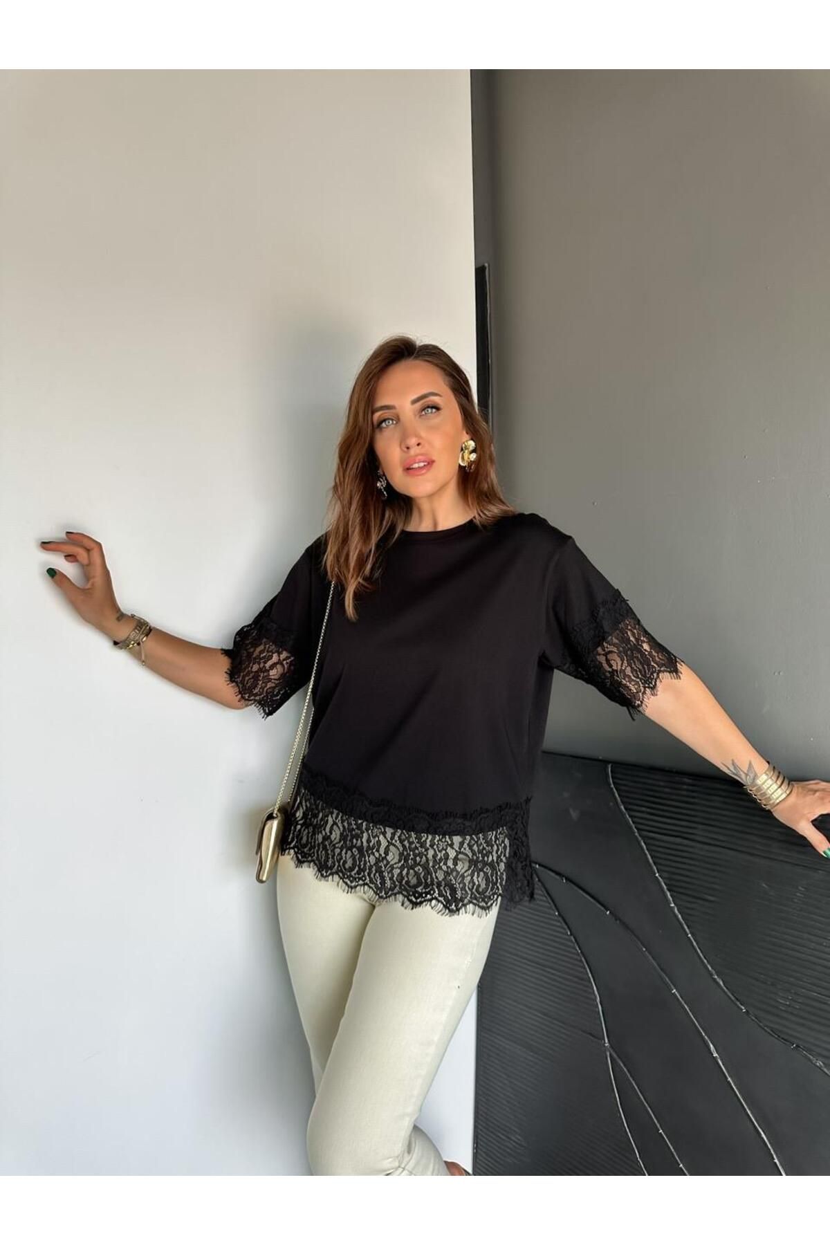 Zerrincan Giyim Siyah Dantel Parçalı Orijinal Tshirt