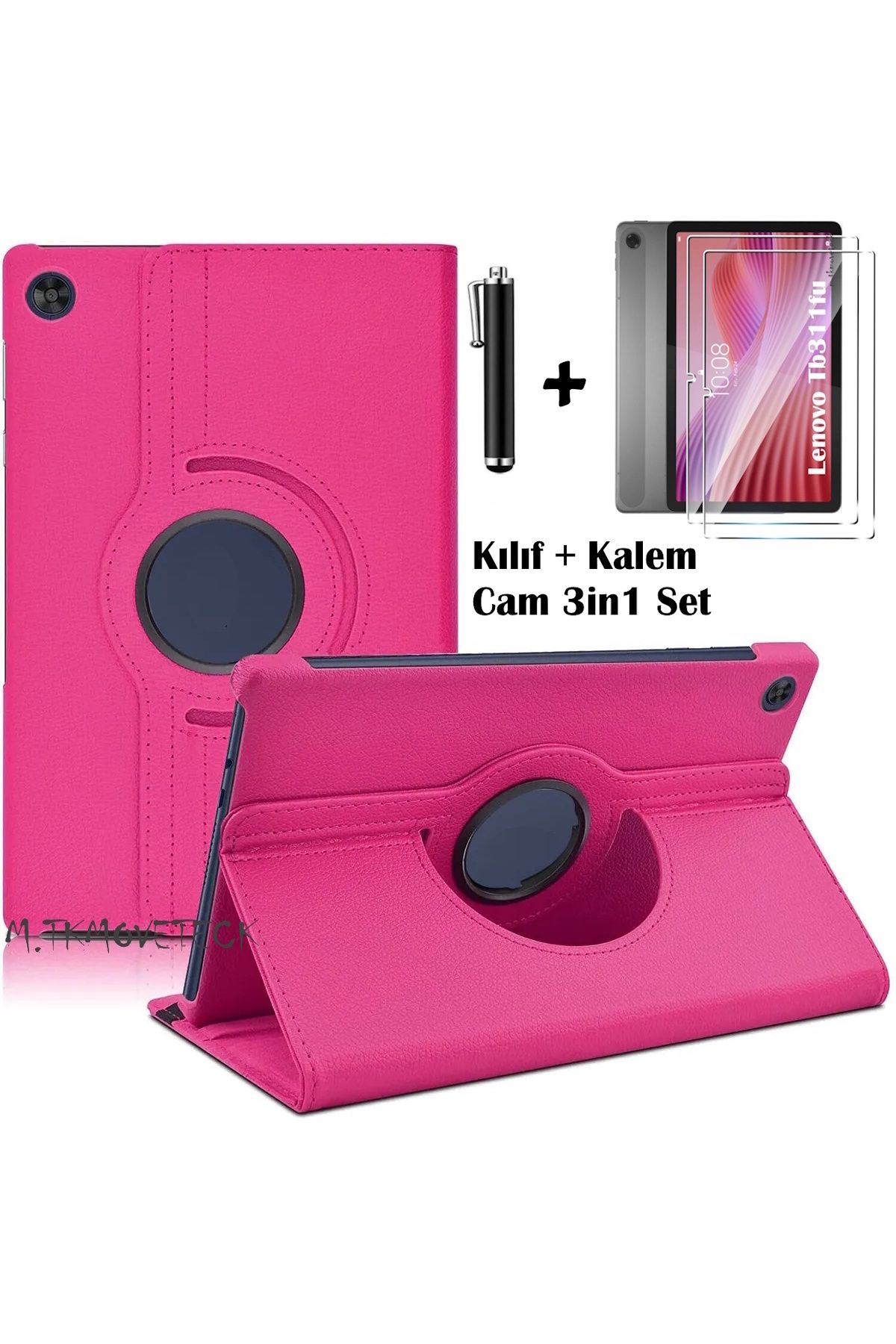 m.tk moveteck Lenovo Tab TB311FU 10.1" inç Tablet Kılıf 360 Dönebilen Standlı Kapaklı + Ekran Koruyucu Cam + Kalem