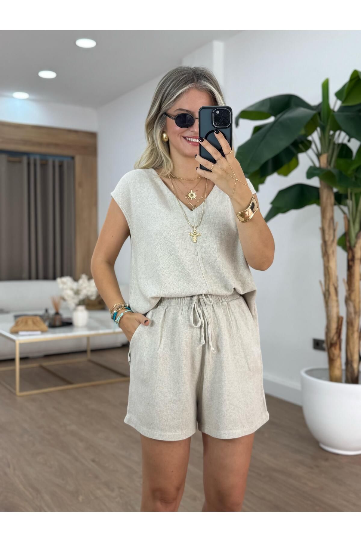 2she %100 Ham Keten Bluz Şort Takım - Naturel