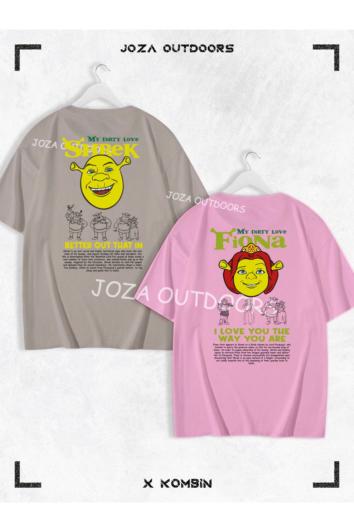 Jobia Outdoors Kadın Erkek Shrek Fiona Yazılı SIRT Baskılı Sevgili Çift Kombini Oversize Tshirt 2'li Takım