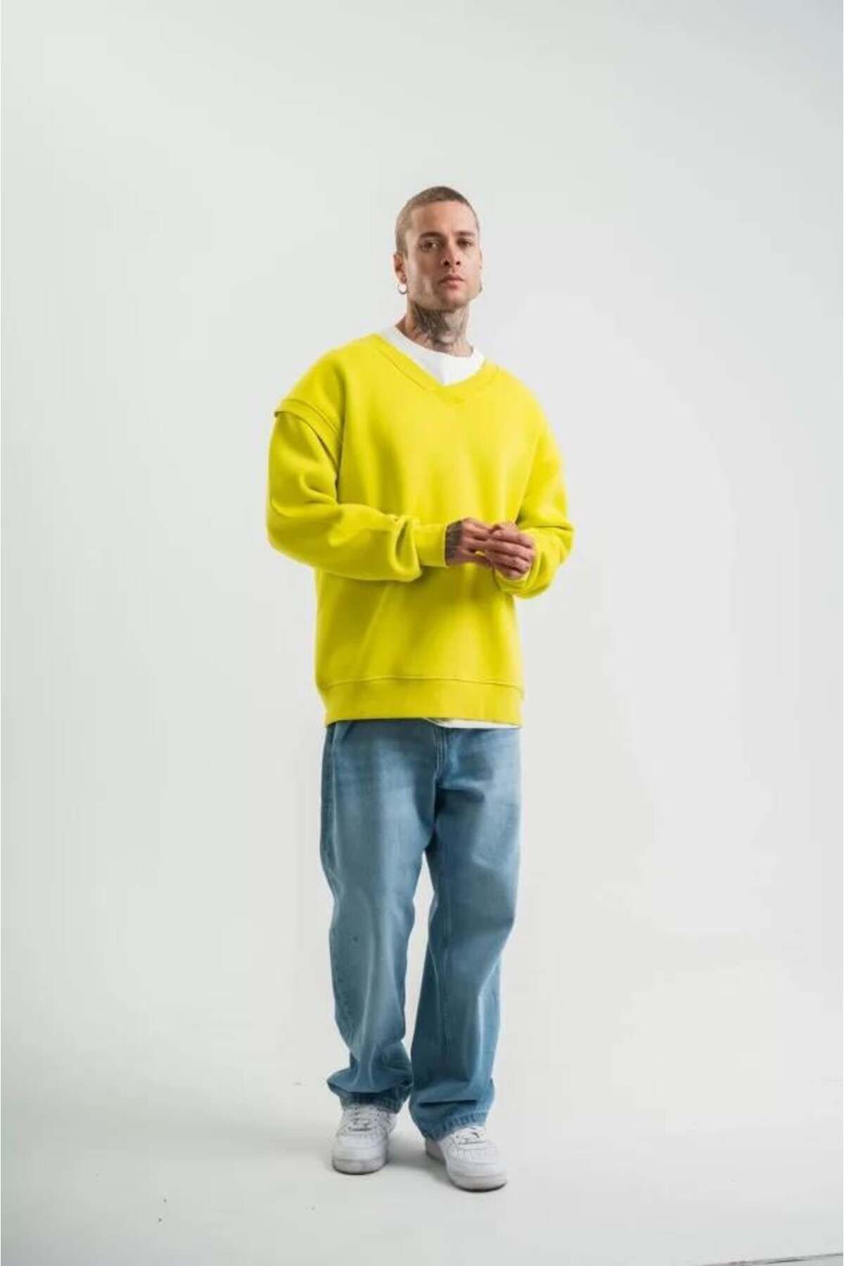 modamtn Geniş V Yaka Kol Ribana Detaylı SweatShirt - Sarı