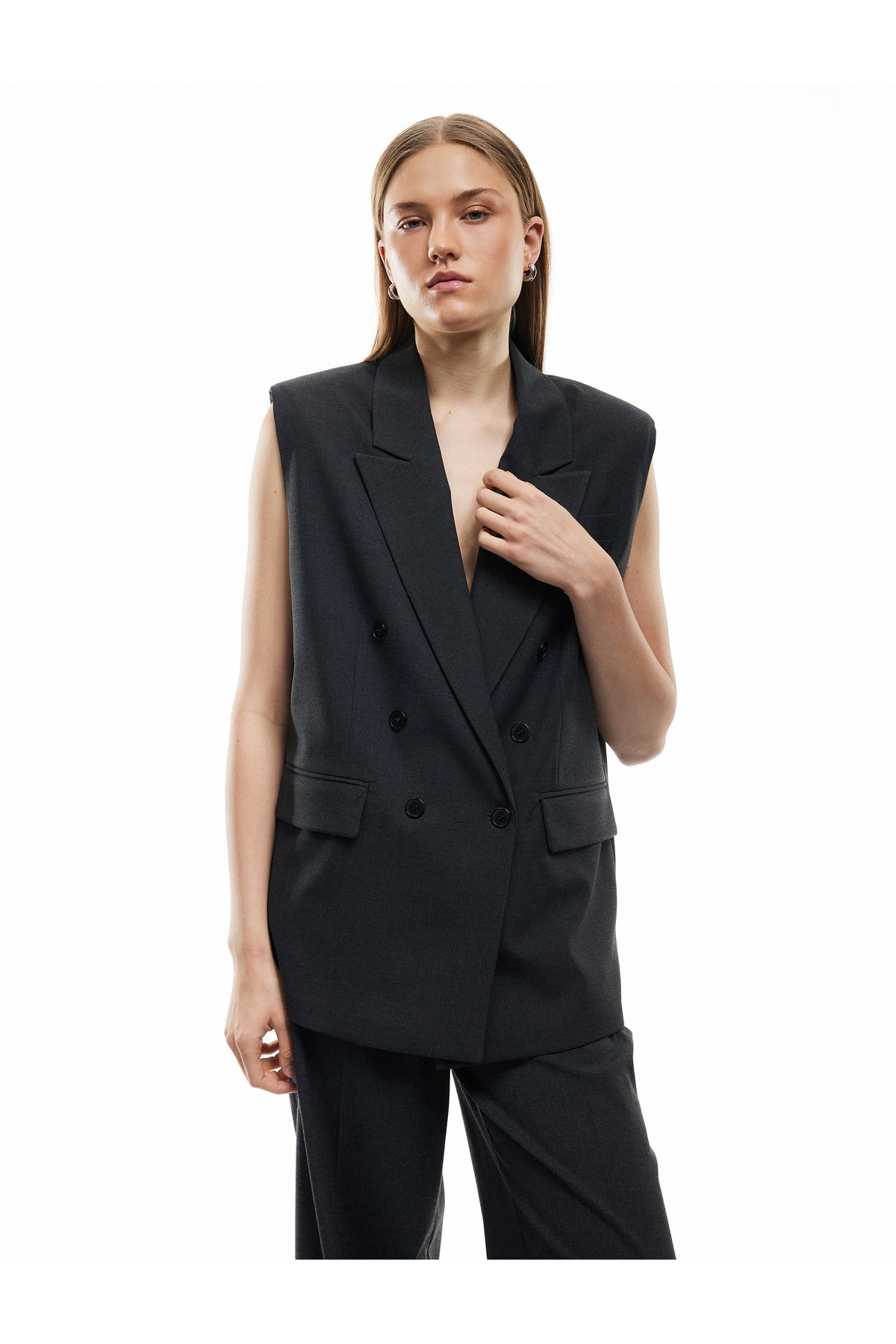 Koton Astarlı Cepli Kruvaze Düğmeli Kolsuz Uzun Blazer Yelek