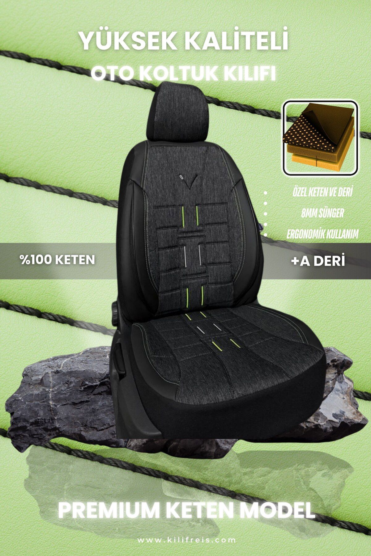 KILIFREİS PREMIUM SERİSİ - YEŞİL RENK KETEN KOLTUK KILIFI & Ön Arka 5 Koltuk Tam Set
