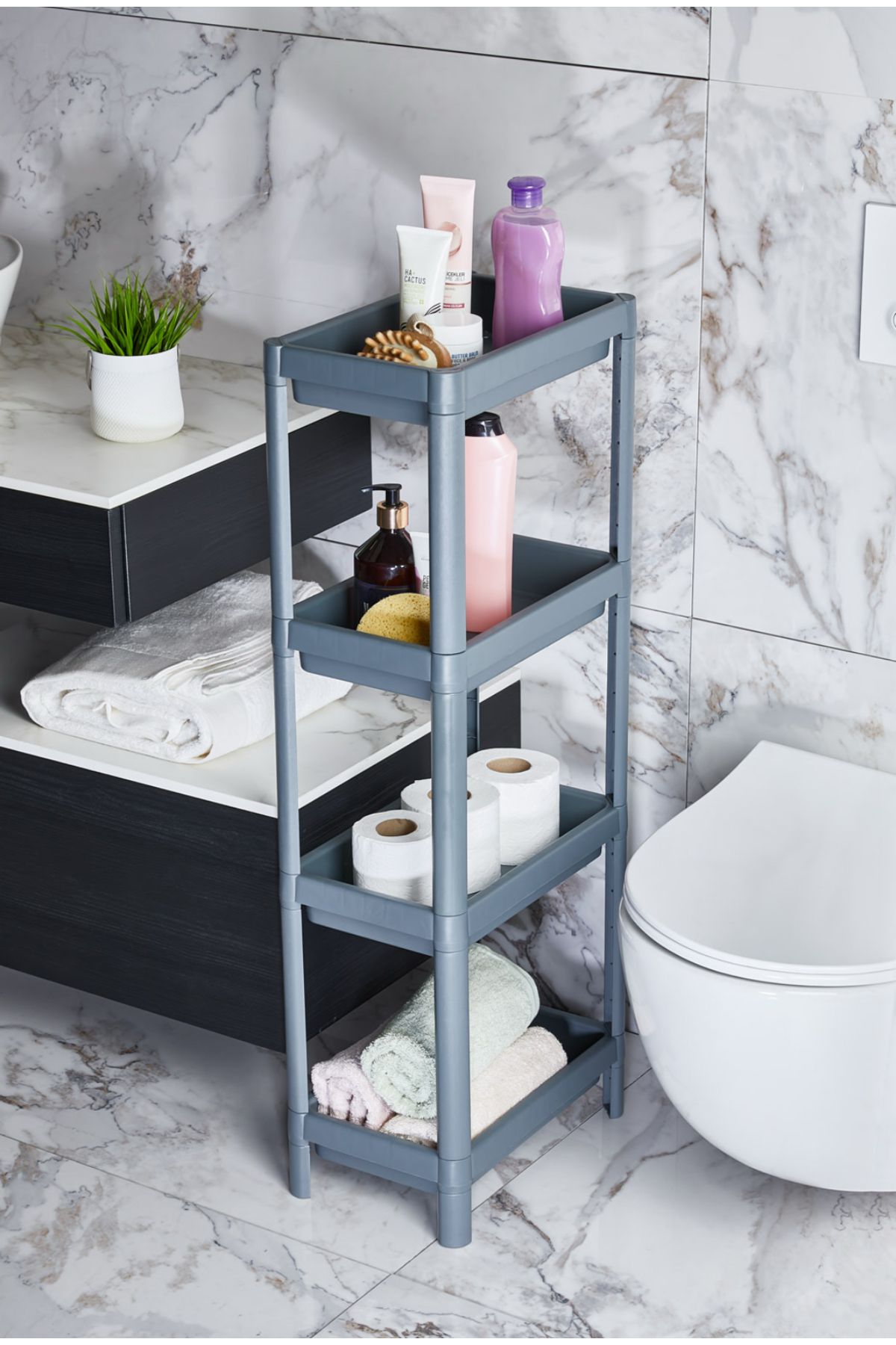 Minty Life Vesken 4 Katlı Mutfak Banyo Dolabı Raf Ünitesi (Gri-Antrasit)