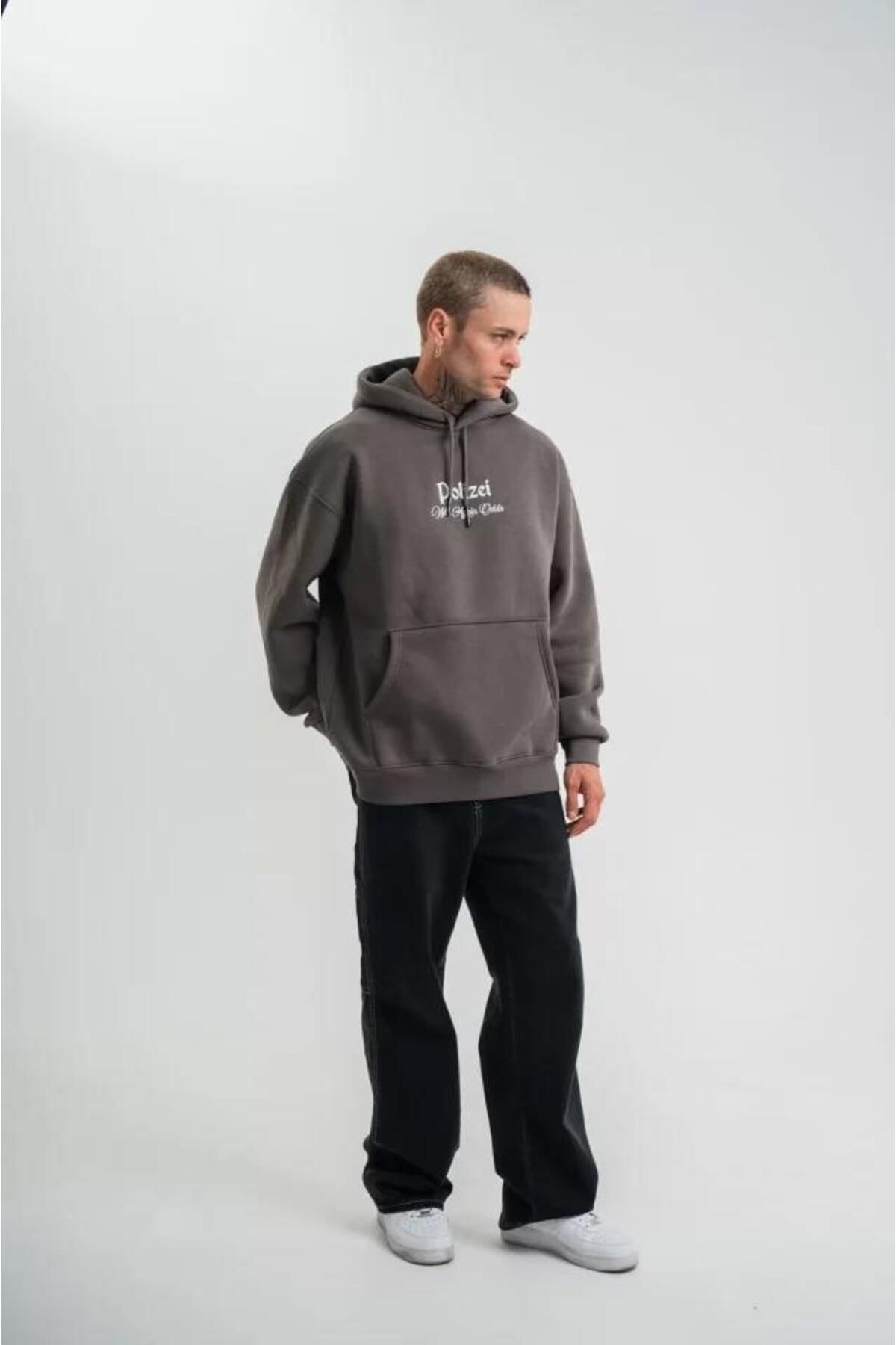 modamtn POLIZEI Premium Kalite Kapşonlu Dijital Patchli SweatShirt - Füme