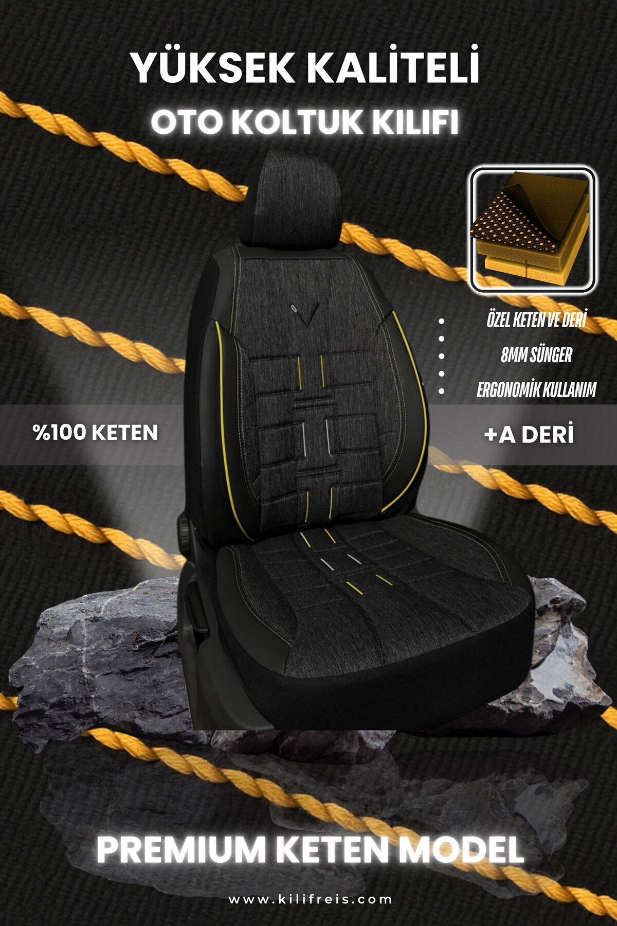 KILIFREİS PREMIUM SERİSİ - SİYAH KETEN VE DERİ KOLTUK KILIFI & Ön Arka 5 Koltuk Tam Set