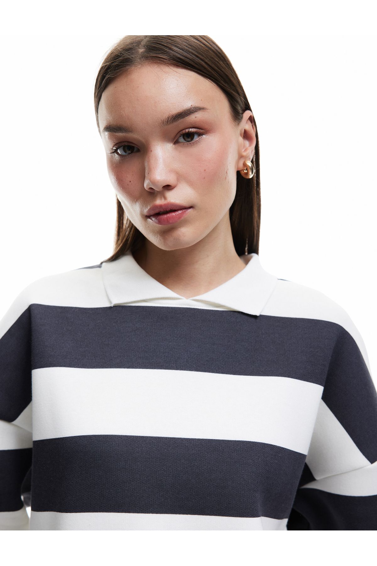 Koton Çizgili Oversize Şardonlu Polo Yaka Sweatshirt