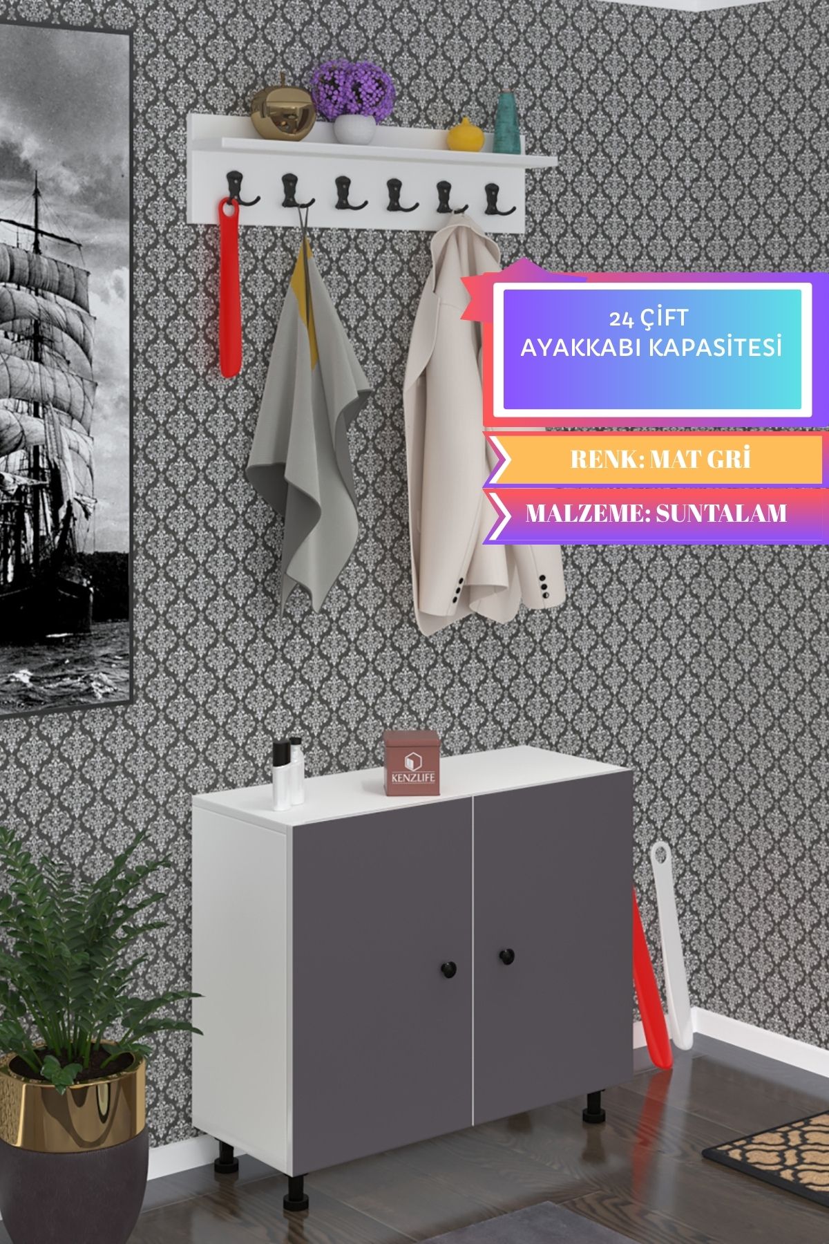 Kenzlife portmanto ayakkabılık ve askılık sandal4 gribyz 68*120*32 yirmidört çift ayakkabı kapasites