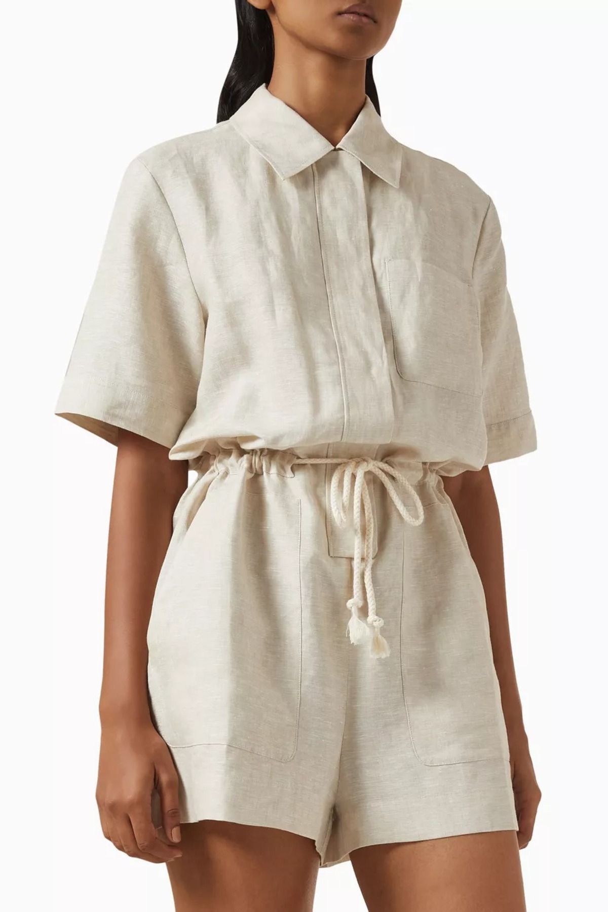 12storeez Linen Mini Jumpsuit, Ayarlanabilir Beli ve Rahat Kesimiyle Yazlık Tulum Ekru