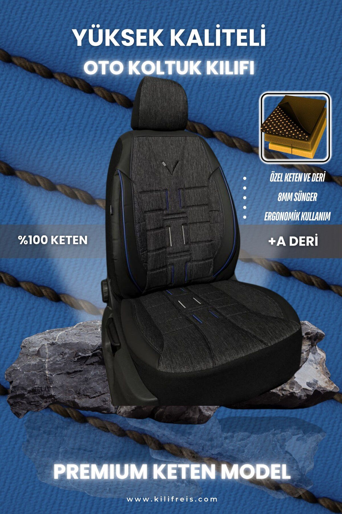 KILIFREİS PREMIUM SERİSİ - SİYAH KETEN VE DERİ KOLTUK KILIFI & Ön Arka 5 Koltuk Tam Set