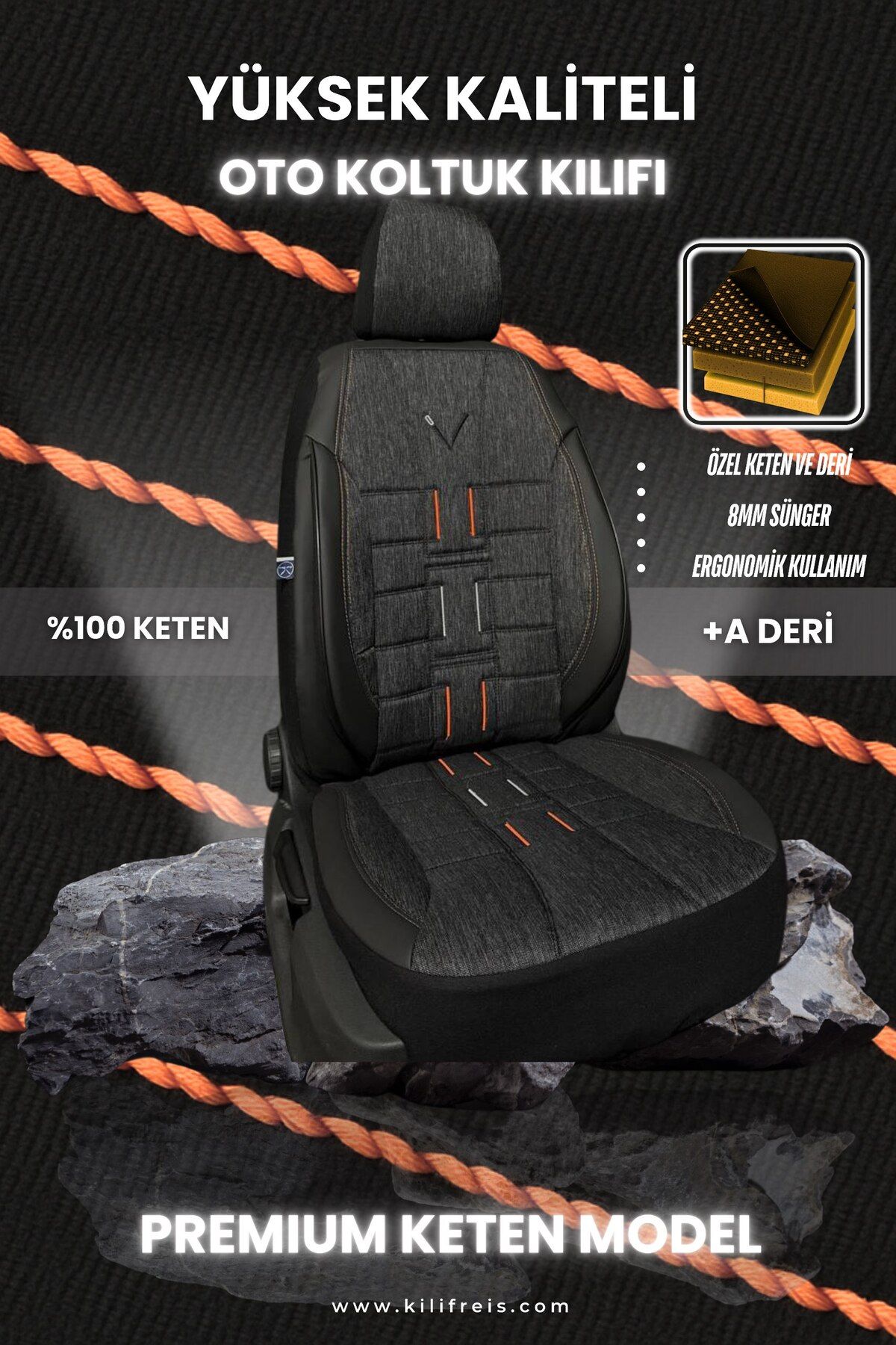 KILIFREİS PREMIUM SERİSİ - SİYAH KETEN VE DERİ KOLTUK KILIFI & Ön Arka 5 Koltuk Tam Set